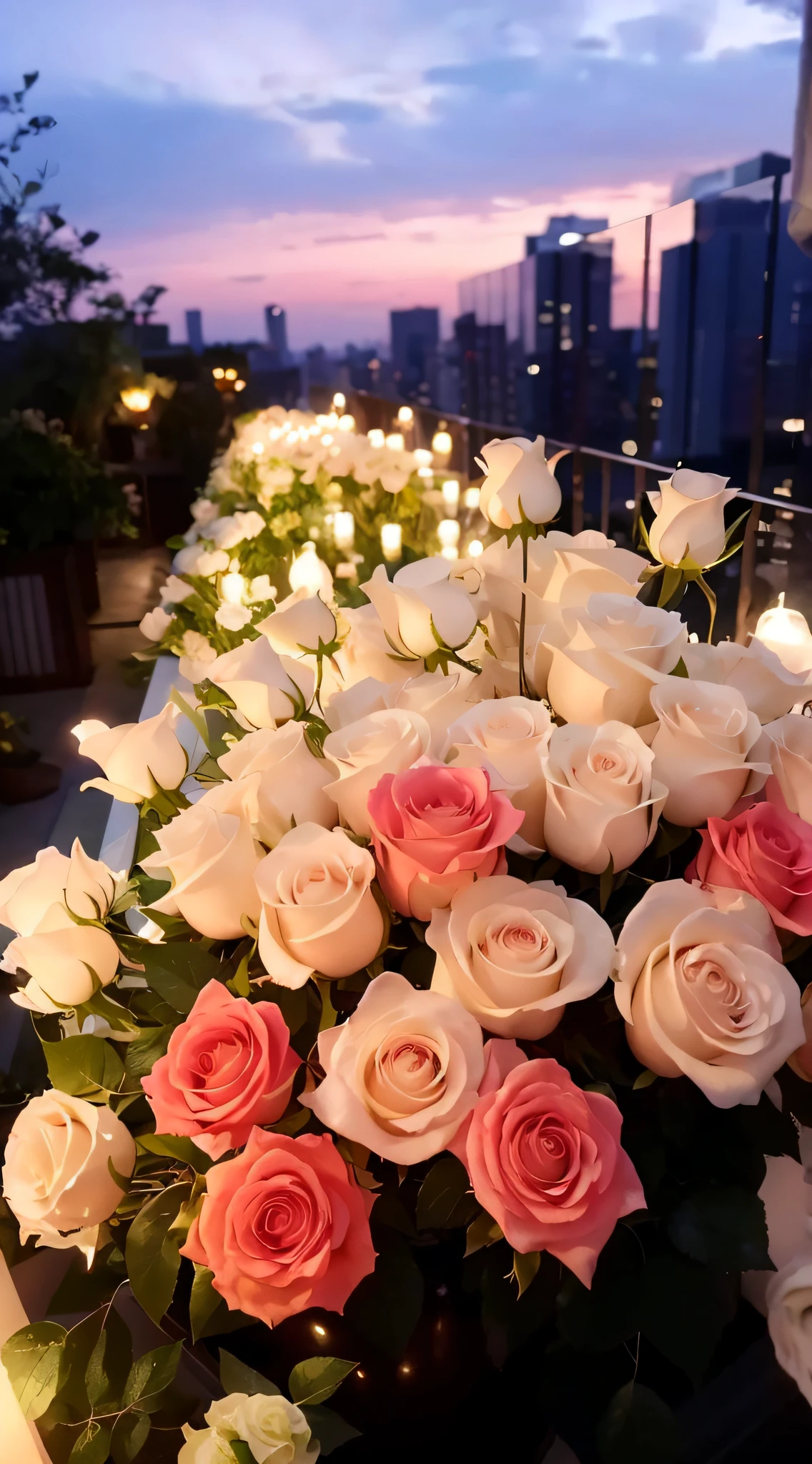 There are many white and pink roses in the vase on the balcony, beautiful ambiance, rooftop romantic, beautiful ambiance, rosette, romantic motifs, Glowing flowers, roses in cinematic light, beutifull, big breasts beautiful, Beautiful image, for a beautiful, rose pink lighting, set in tokyo rooftop, Romantic atmosphere, Beautiful flowers, stunningly realistic, breathtaking realistic