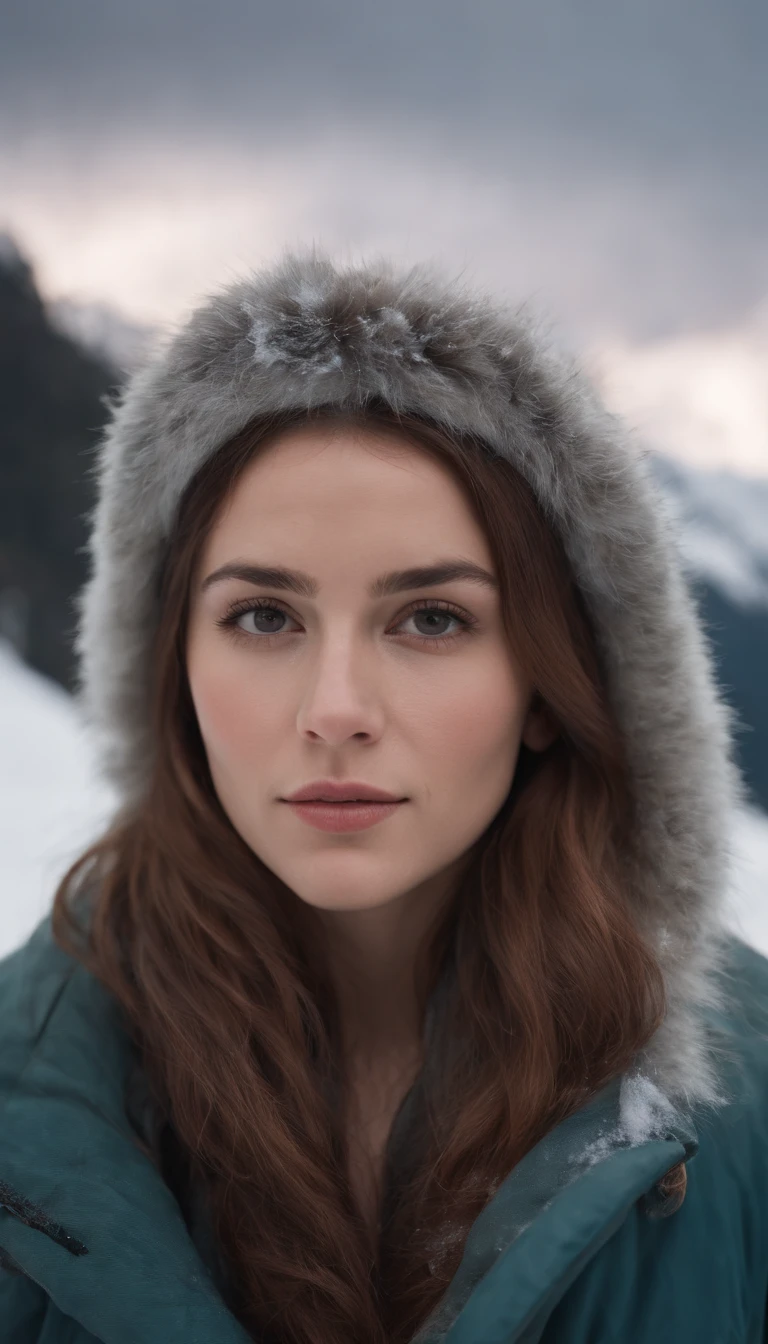 25 year old woman on an icy mountain full of snow near a tent, her face is almost freezing and snow is on her glass she looks very cold, ultra realistic photo, she is looking at the camera, part of her body found front with the camera, looking straight into the camera