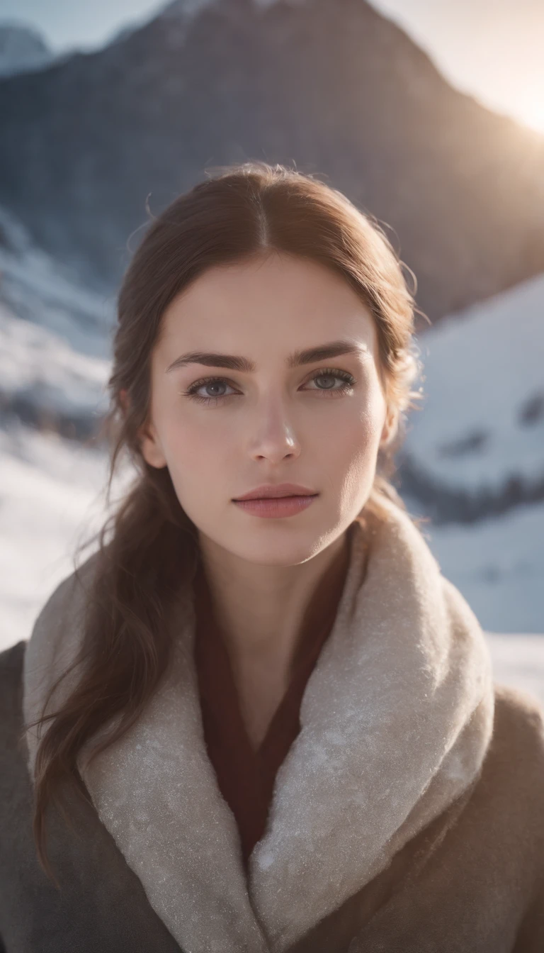 25 year old woman on an icy mountain full of snow near a tent, her face is almost freezing and snow is on her glass she looks very cold, ultra realistic photo, she is looking at the camera, part of her body found front with the camera, looking straight into the camera