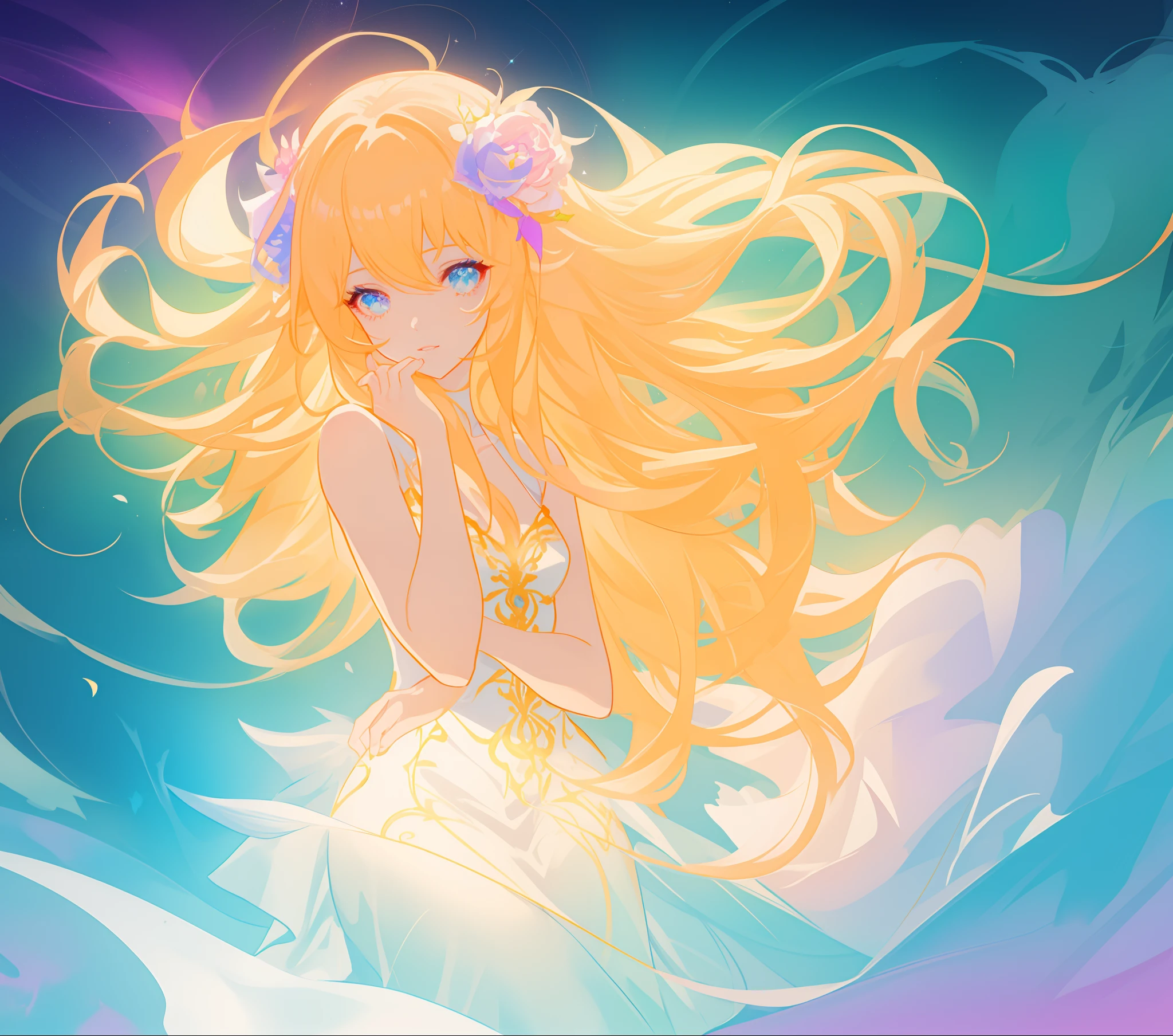 beautiful girl, flowing white gown, vibrant pastel colors, (colorful), magical lights, long flowing golden hair, inspired by Glen Keane, inspired by Lois van Baarle, disney art style, by Lois van Baarle, glowing aura around her, by Glen Keane, jen bartel, glowing lights! digital painting, flowing glowing hair, glowing flowing hair, beautiful digital illustration, fantasia background, whimsical, magical, fantasy, beautiful face, ((masterpiece, best quality)), intricate details, highly detailed, sharp focus, 8k resolution, sparkling detailed eyes, liquid watercolor