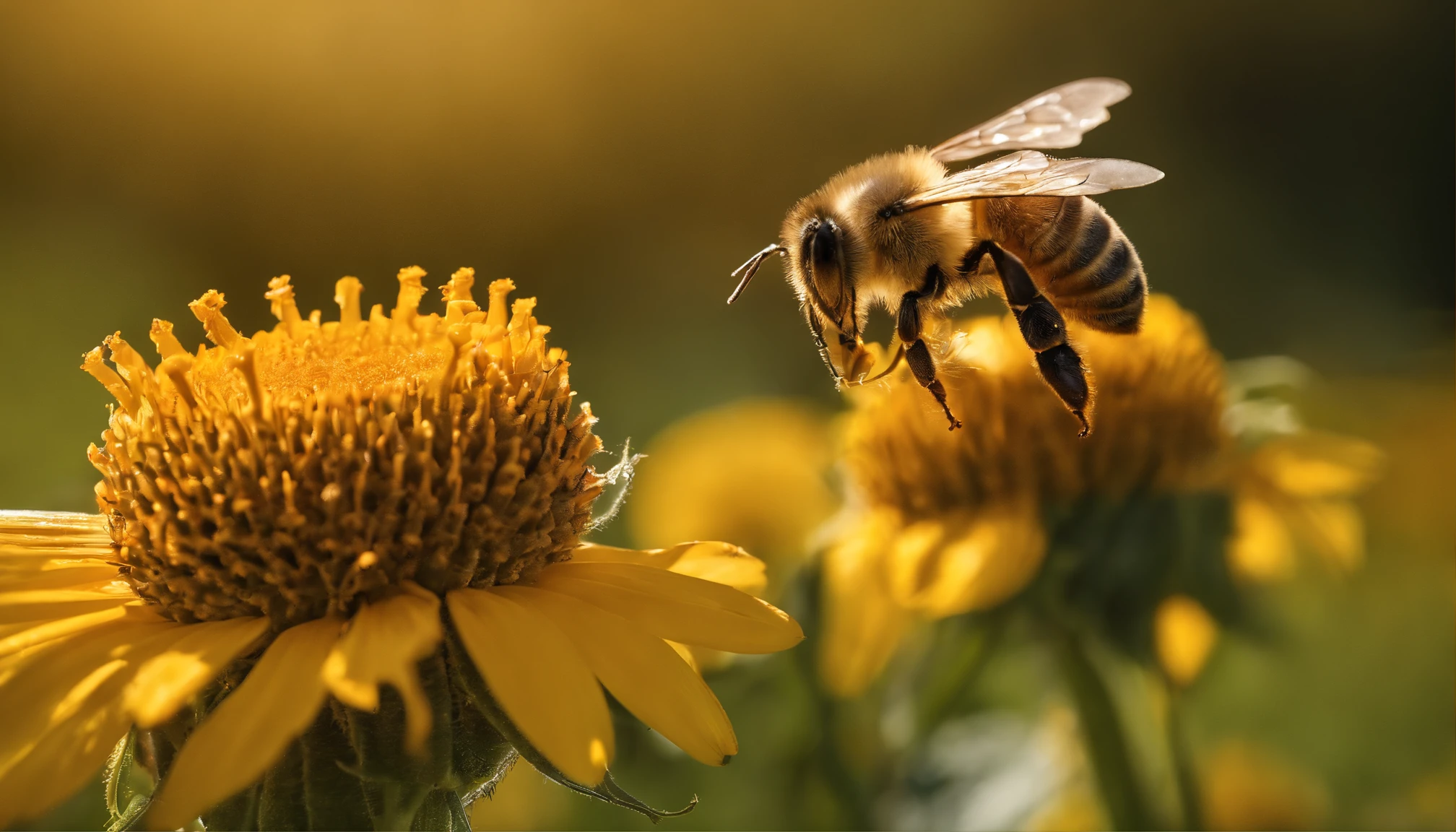 A Honey bee on the sun flower, closeup shoot,high high quality, 8K, studio lighting, professional shoot, detail,
