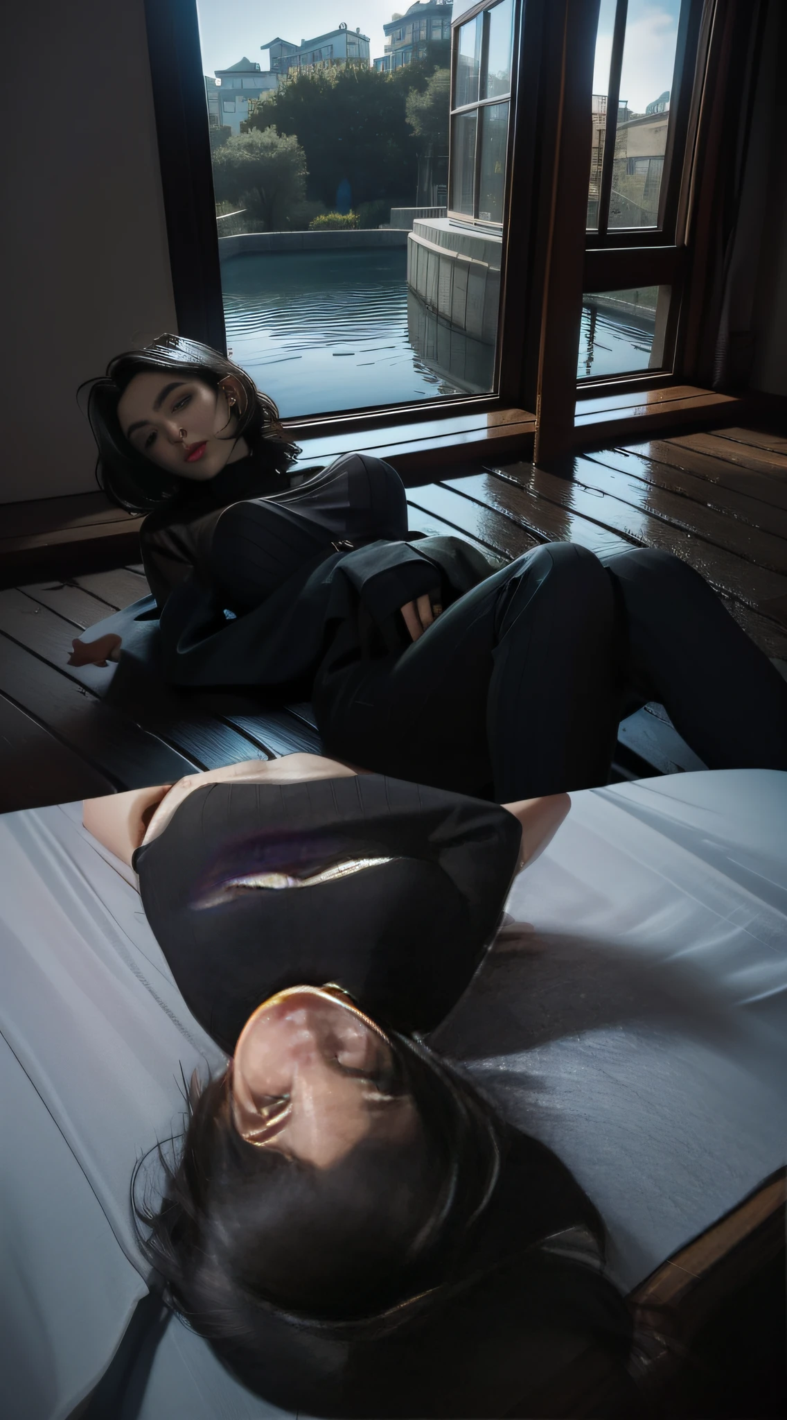 ((Best quality, 8k, Masterpiece: 1.3)), (Sharp focus: 1.2), (A woman, subtle smile, sensual), (Full body including legs),gothic, goth girl, defined muscles, erotic, Lying down, legs open, large breasts: 1.3), ((Layered haircut, Large saggy breasts, large 1.2)), (Lying down, legs open), black outfit,(bedroom, double bed, window to the garden,: 1.2), ((Wet body: 1.1)), (Simple and very transparent black lingerie), Highly detailed facial and skin texture, Detailed eyes, Double eyelid, pale skin, sexy, tanned