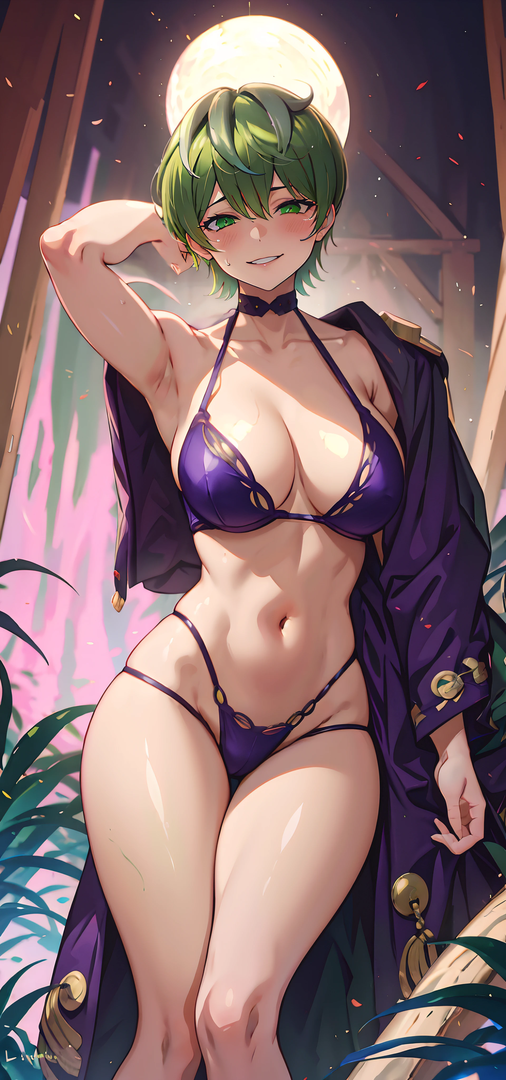 tenka izumo, (short hair, green hair:1.6), green eyes, multicolored hair, sweating, glowing eyes, heavy breathing, 1girl, breasts, navel, looking_at_viewer, solo, large_breasts, armpits, thighs, collarbone, bare_shoulders, tentacles, purple_bikini, cleavage, glow effects, godrays, Hand drawn, render, 8k, octane render, cinema 4d, blender, dark, atmospheric 4k ultra detailed, cinematic, Sharp focus, big depth of field, Masterpiece, colors, 3d octane render, 4k, concept art, trending on artstation, hyperrealistic, Vivid colors, extremely detailed CG unity 8k wallpaper, trending on CGSociety, Intricate, High Detail, dramatic,