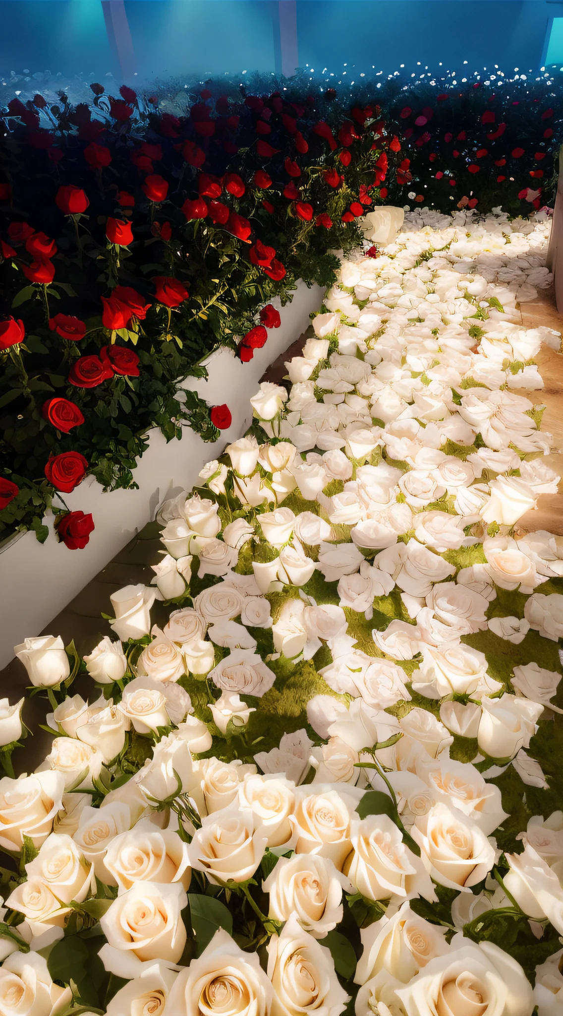 There are many white roses in the flower beds on the ground, Flower beds on the floor, white flowers on the floor, portal made of roses, Luminous flowers, blossoming path to heaven, walking down, flowers sea everywhere, laying on roses, Glowing flowers, white and red roses, rosses, lights with bloom, beautiful light up, beautifully lit