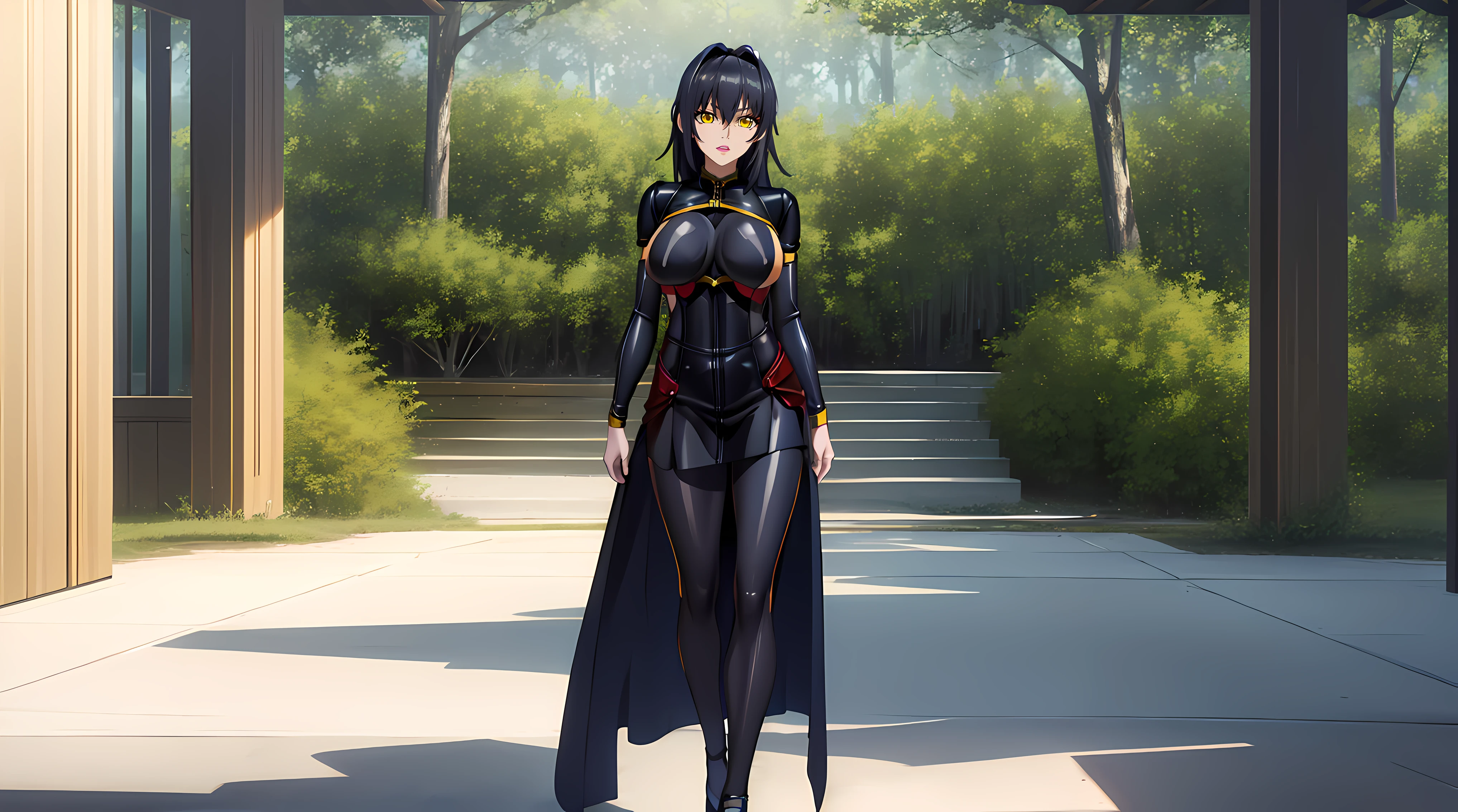 walking in forest at day background, trees, forest, (((beautiful smile:1.5))), (solo:1.5),
Annerose, beautiful posing, close up shot,
bodysuit latex, sideboobs, black outfit, front view,
black_hair,yellow_eyes, long_hair, hair intakes,
1 girl, 35 years old, female,Beautiful Finger,Beautiful long legs,Beautiful body,Beautiful Nose,Beautiful character design, perfect eyes, perfect face, slim body,
looking at viewer, standing at attention, (big_yellow_eyes:1.0),
NSFW,official art,extremely detailed CG 8k wallpaper, perfect lighting,Colorful, Bright_Front_face_Lighting,
(masterpiece:1.0),(best_quality:1.0), ultra high res,4K,ultra-detailed,
photography, 8K, HDR, highres, absurdres:1.2, Kodak portra 400, film grain, blurry background, bokeh:1.2, lens flare, (vibrant_color:1.2)
(Beautiful,large_Breast (beautiful_face:1.5),(narrow_waist),