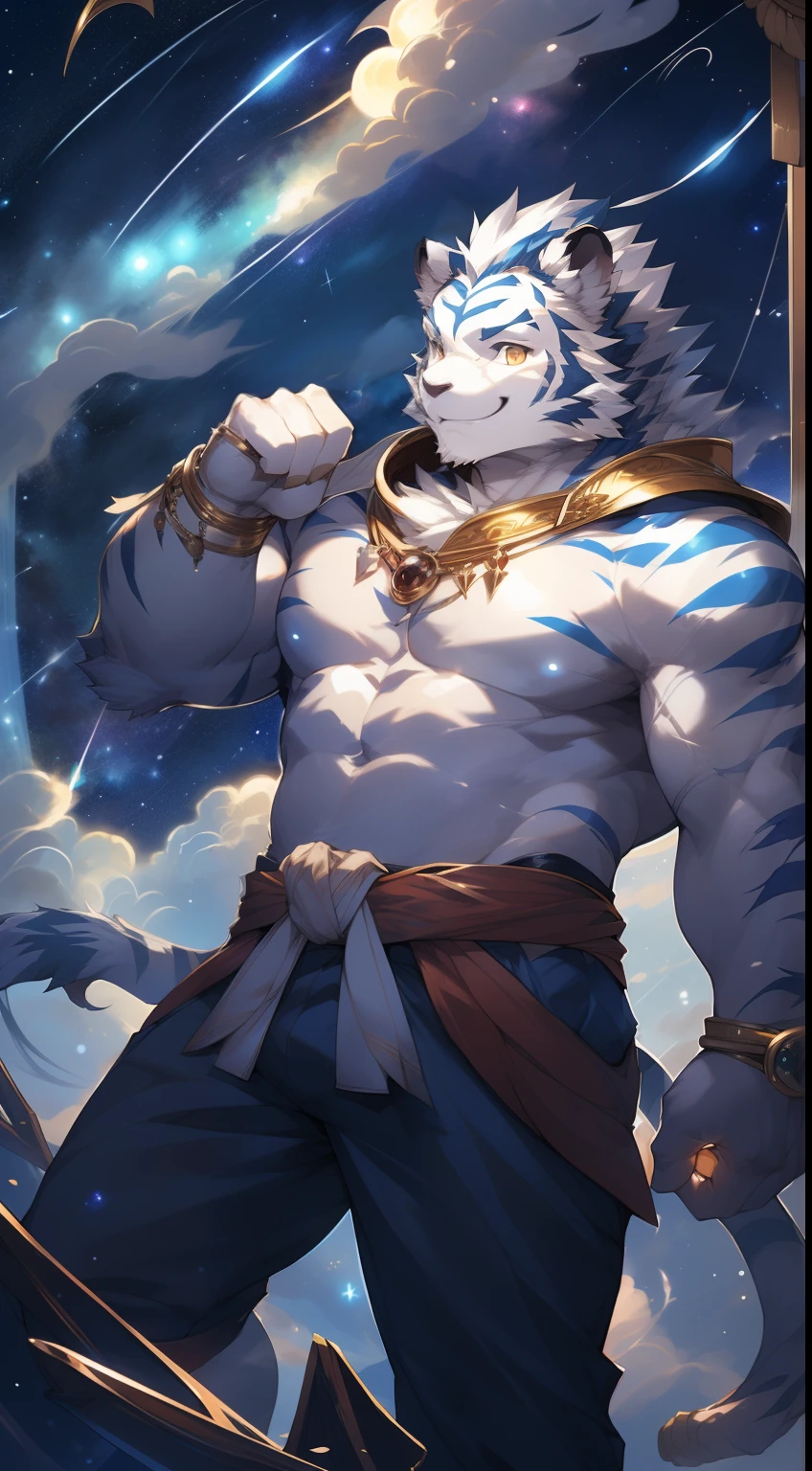 (by null-ghost, by thebigslick, By Darkgem, by Honovy), Kogenta (Onmyoji Oyamaji Temple), high-definition photograph, Perfect anatomy, Anthropomorphic white tiger, male people, 20yr old, Deities, Light blue stripes, Strong body, large pecs, Pink milk clusters, medium bulge, He is suspended in the clouds, Wear white loose pants, Divine brilliance, one arm raised, Unleash magic，(Starry sky at night:1.5), mysterious smile, Be red in the face, Golden pupils, Looking Up The Sky, Gold ornaments, fog atmosphere, Clouds, upper sky, meteor shower, Clear facial features, Strong, Solo, From above