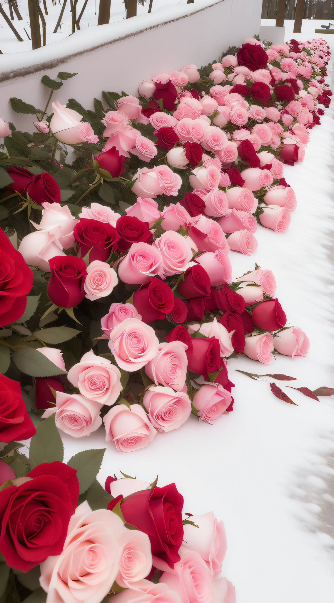 There are a lot of roses in the snow, laying on roses, rosette, rosses, with frozen flowers around her, pink and red colors, exploding roses, shades of pink, rose background, a few roses, Rose background, roses in cinematic light, Beautiful flowers, Everywhere petals are falling, Flowers!!!!, Rose garden, A cena mais bonita