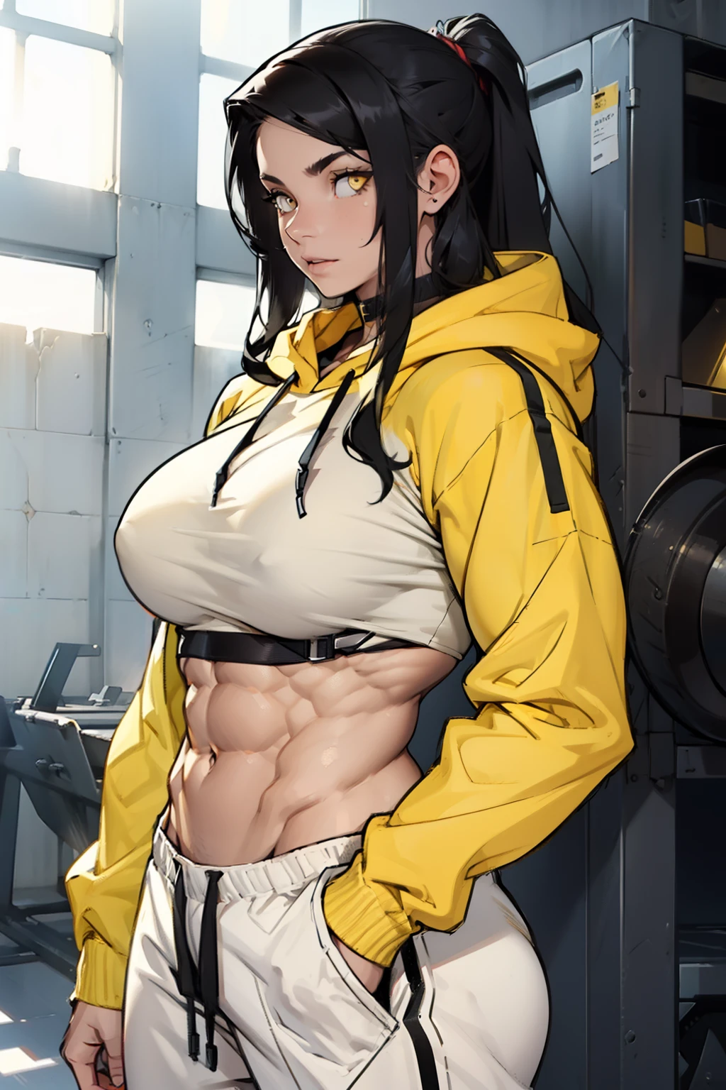 ((((((muscular 1 girl)))))), huge breasts, toned body, black hair, pale skin, yellow eyes, very long hair hoodie sweatpants, navel, tight clothes