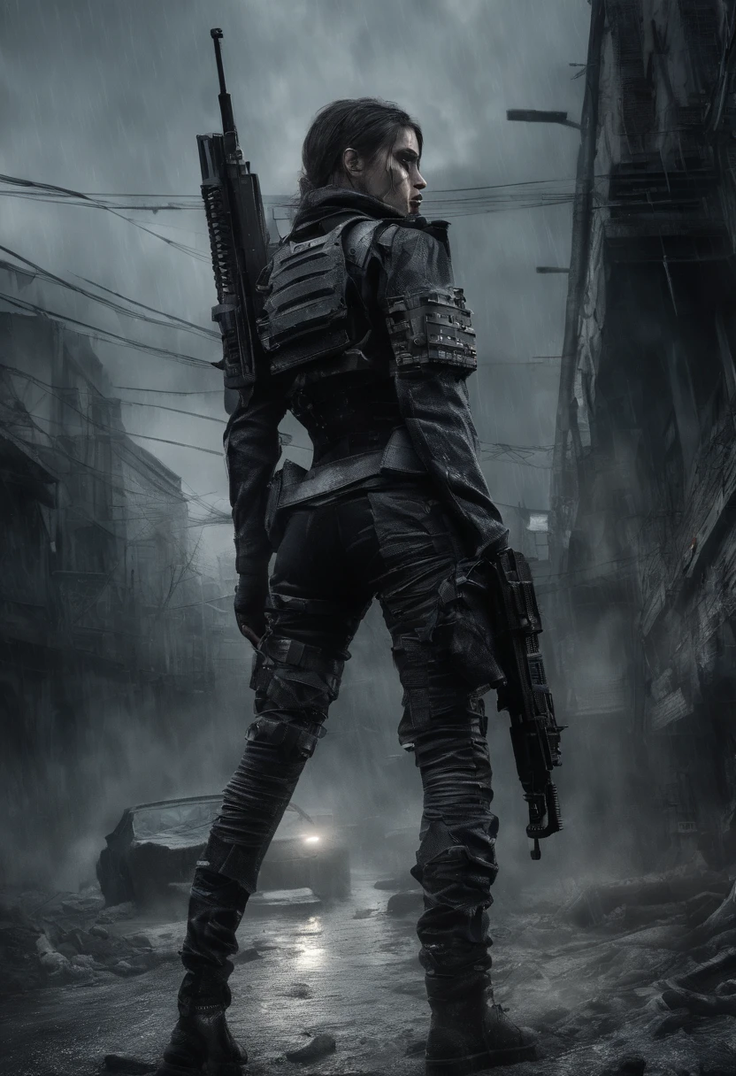 Postapocalyptic combat scene of a Beautiful female soldiers On Patrol, In a city, Walking down a Stream, (((with Runic tattoos))), (((wearing Black Full mecha armor, combat harness, holding a assault rifle))) combat pose, (((Walking along a stream in a city, Broken androids on floor, Fires, Smoke, debris, Camo netting, Ammo Boxes, Rain, Stormy, Wet, abstract beauty, near perfection, burning scene in the background