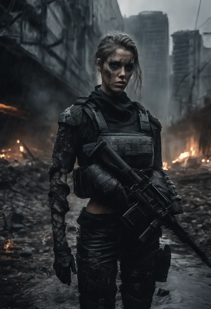 Postapocalyptic combat scene of a Beautiful female soldiers On Patrol, In a city, Walking down a Stream, (((with Runic tattoos))), (((wearing Black Full mecha armor, combat harness, holding a assault rifle))) combat pose, (((Walking along a stream in a city, Broken androids on floor, Fires, Smoke, debris, Camo netting, Ammo Boxes, Rain, Stormy, Wet, abstract beauty, near perfection, burning scene in the background