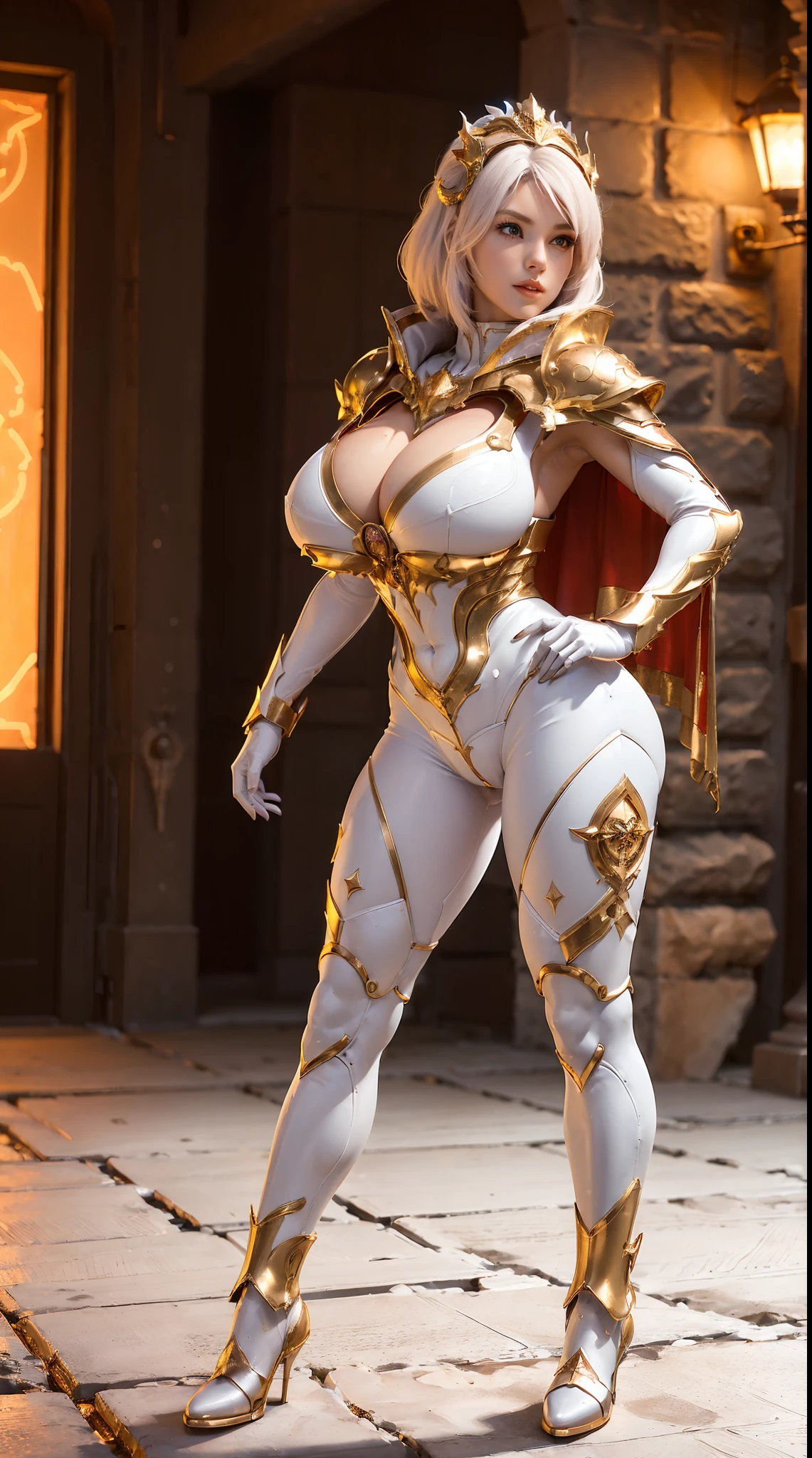 (1GIRL, SOLO:1.7), (DRAGON QUEEN HEAD), (HUGE FAKE BOOBS:1.2), (WHITE, RED, GOLD), (IVE CITY BACKGROUND), (FUTURISTIC ICE PHOENIX MECHA BODYSUIT, ROYAL CAPE:1.3), (CLEAVAGE), (SKINTIGHT YOGA PANTS, HIGH HEELS:1.2), (REALISTIC, PERFECT BODY, FULL BODY VIEW:1.4), (LOOKING AT VIEWER), (posing Standing model:1), SEXY MUSCULAR BODY, MUSCLE ABS, UHD, 8K, 1080P.