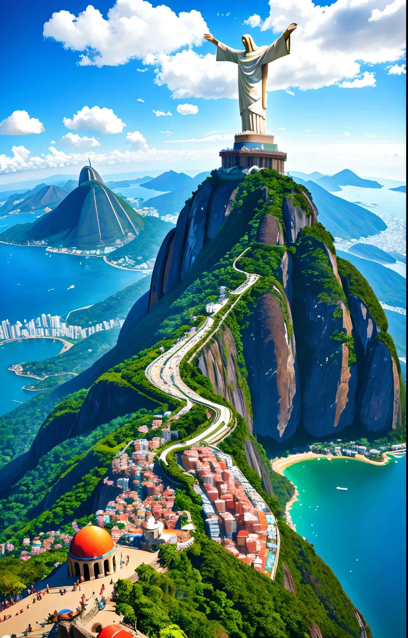 Use a highlight image of Christ the Redeemer or Sugarloaf Mountain, with vibrant colors and a lush blue sky in the background to represent the stunning scenery of Rio de Janeiro.