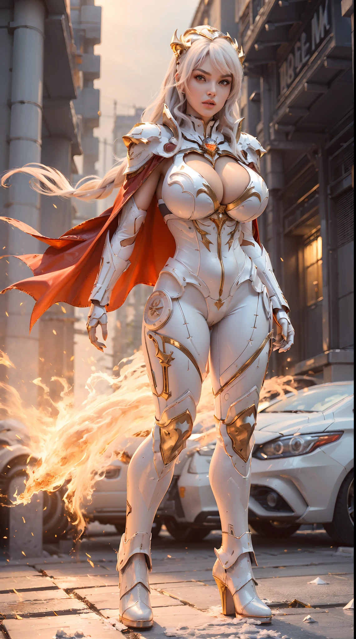 (1GIRL, SOLO:1.7), (DRAGON QUEEN HEAD), (HUGE FAKE BOOBS:1.2), (WHITE, RED, GOLD), (IVE CITY BACKGROUND), (FUTURISTIC ICE PHOENIX MECHA BODYSUIT, ROYAL CAPE:1.3), (CLEAVAGE), (SKINTIGHT YOGA PANTS, HIGH HEELS:1.2), (REALISTIC, PERFECT BODY, FULL BODY VIEW:1.4), (LOOKING AT VIEWER), (posing Standing model:1), SEXY MUSCULAR BODY, MUSCLE ABS, UHD, 8K, 1080P.