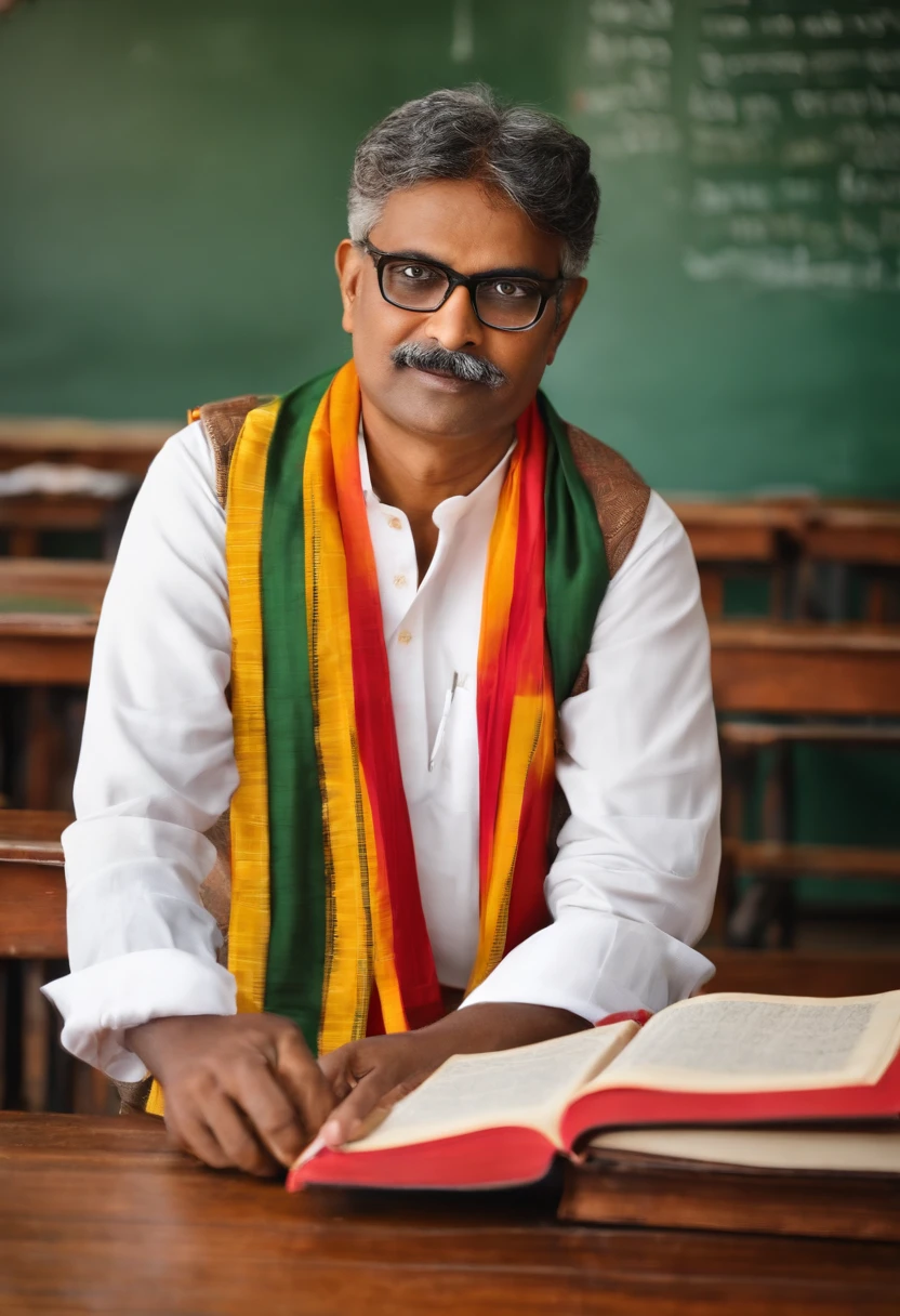 Maths teacher,international school, spectacles, books, looks very diaciplined, with traditional dhoti