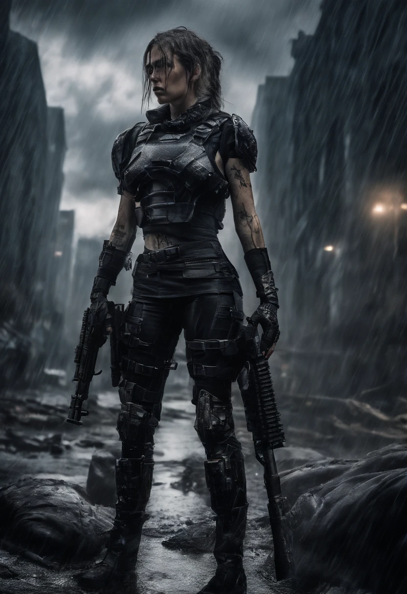 Postapocalyptic combat scene of a Beautiful female soldiers On Patrol, In a city, Walking down a Stream, (((with Runic tattoos))), (((wearing Black Full mecha armor, combat harness, holding a assault rifle))) combat pose, (((Walking along a stream in a city, Broken androids on floor, Fires, Smoke, debris, Camo netting, Ammo Boxes, Rain, Stormy, Wet, abstract beauty, near perfection, burning scene in the background