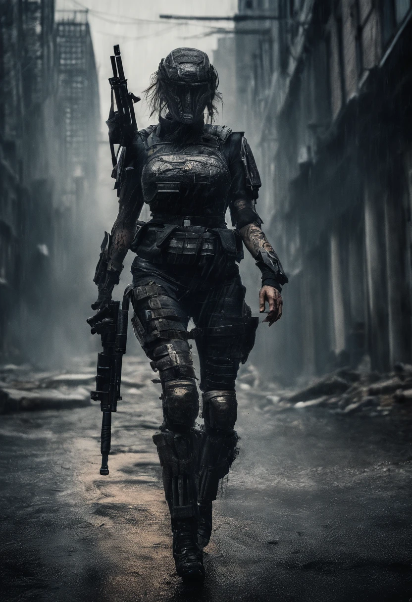 Postapocalyptic combat scene of a Beautiful female soldiers On Patrol, In a city, Walking down a Stream, (((with Runic tattoos))), (((wearing Black Full mecha armor, combat harness, holding a assault rifle))) combat pose, (((Walking along a stream in a city, Broken androids on floor, Fires, Smoke, debris, Camo netting, Ammo Boxes, Rain, Stormy, Wet, abstract beauty, near perfection, burning scene in the background