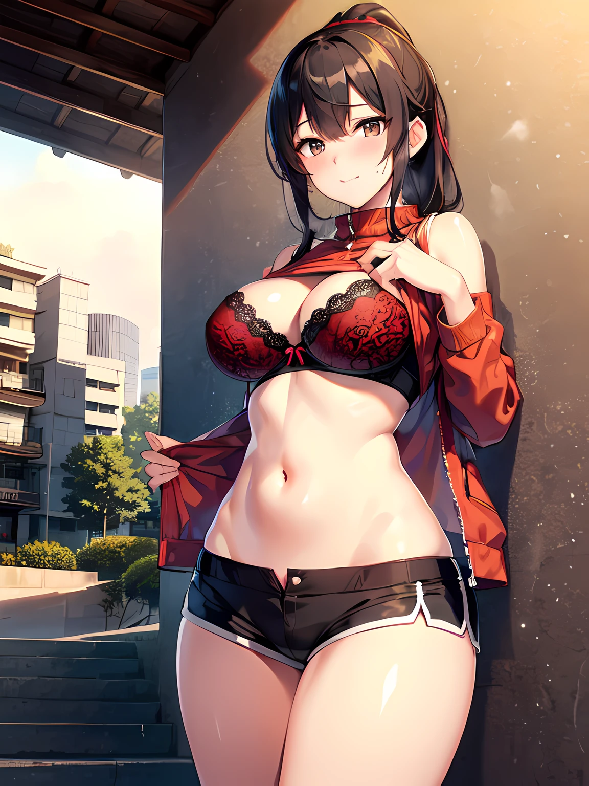nsfw, Black Tank Top lift, (wearing red bra:1.2), (Best Quality, High quality, masuterpiece:1.2), (illustration:1.3), beautiful detailed face and eyes, Elegant, (Cute:1.2), Woman coming to the meeting point, Mature Woman, 35 year old, Cute, Large breasts, (Slender and sporty body:1.1), Ponytail, Blushing, (nervous:1.1), (Red jacket:1.2), (Black Tank Top Inner:1.1), Bare navel, (Hot Pants:1.3), Black hair, Black eyes, Perspective, Blushing face, (Tokyo Ruins;1.1), Full body, Cowboy Shot, morning, Natural lightt