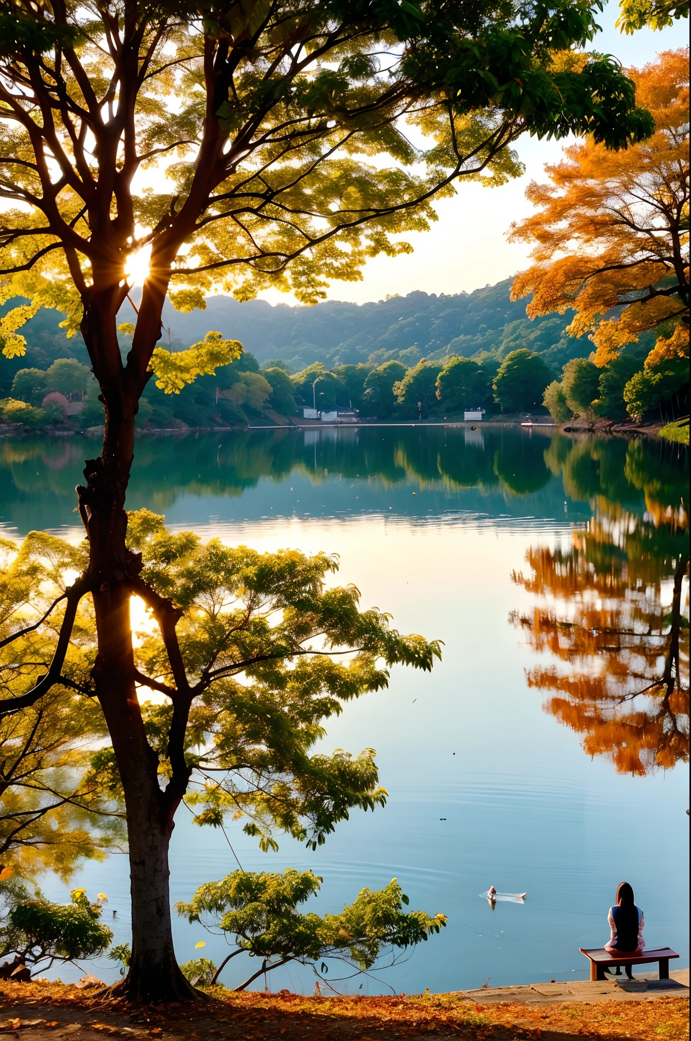 Hồ Gươm in Hanoi becomes incredibly beautiful and romantic in the autumn. Under the warm, golden sunlight, the trees surrounding the lake start to change their colors, turning into vibrant carpets of golden leaves. The gently falling leaves create ripples on the water's surface, forming a picturesque natural scene. Along the lake's edge, locals often come to release paper lanterns onto the water, creating a shimmering spectacle as the sun sets. Together, they create a serene and idyllic atmosphere, making Hồ Gươm an ideal destination for relaxation and savoring the beauty of autumn.