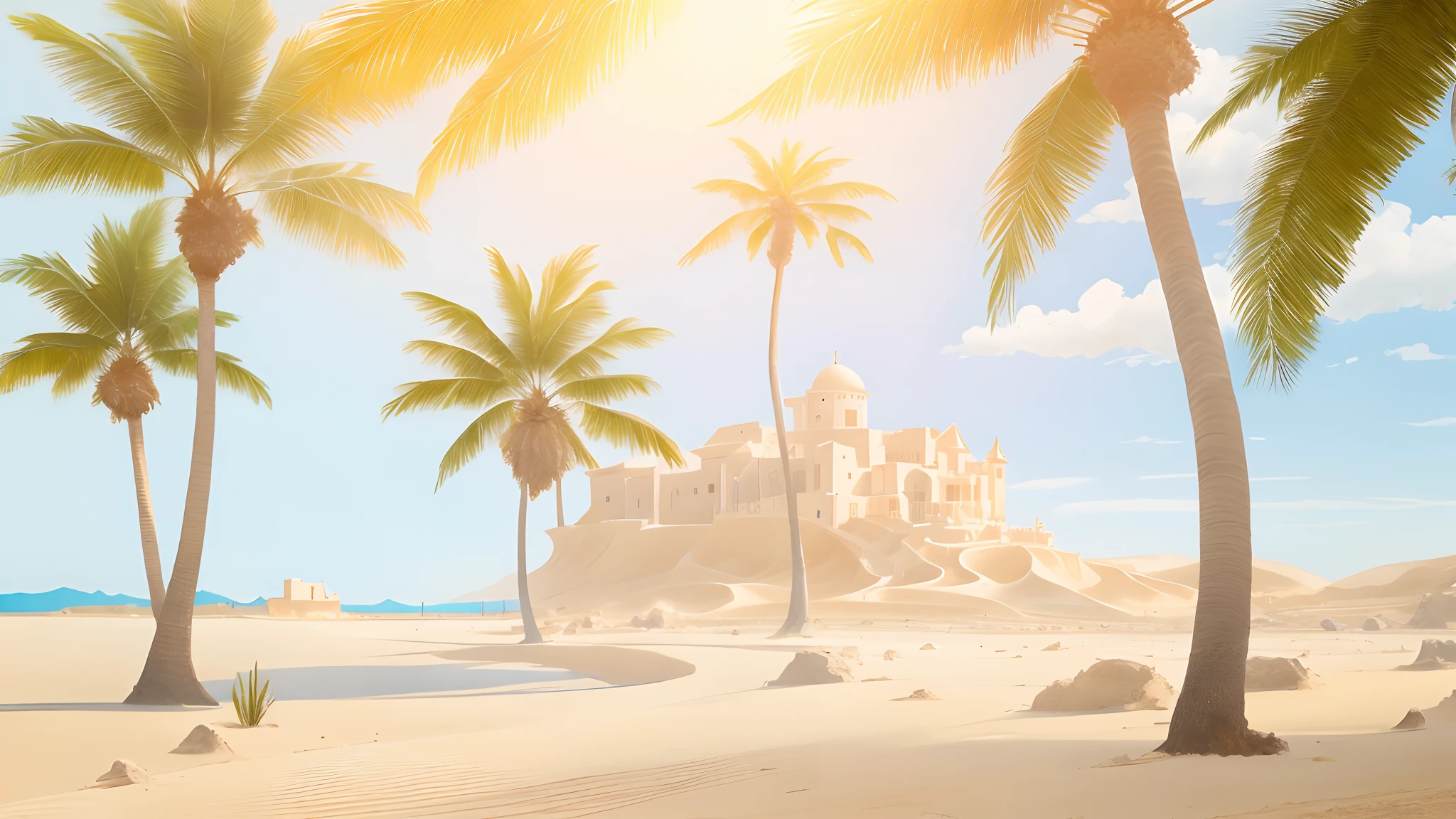 Masterpiece, best quality, very detailed beautiful landscape with sand, palm trees, blue sky, very sunny