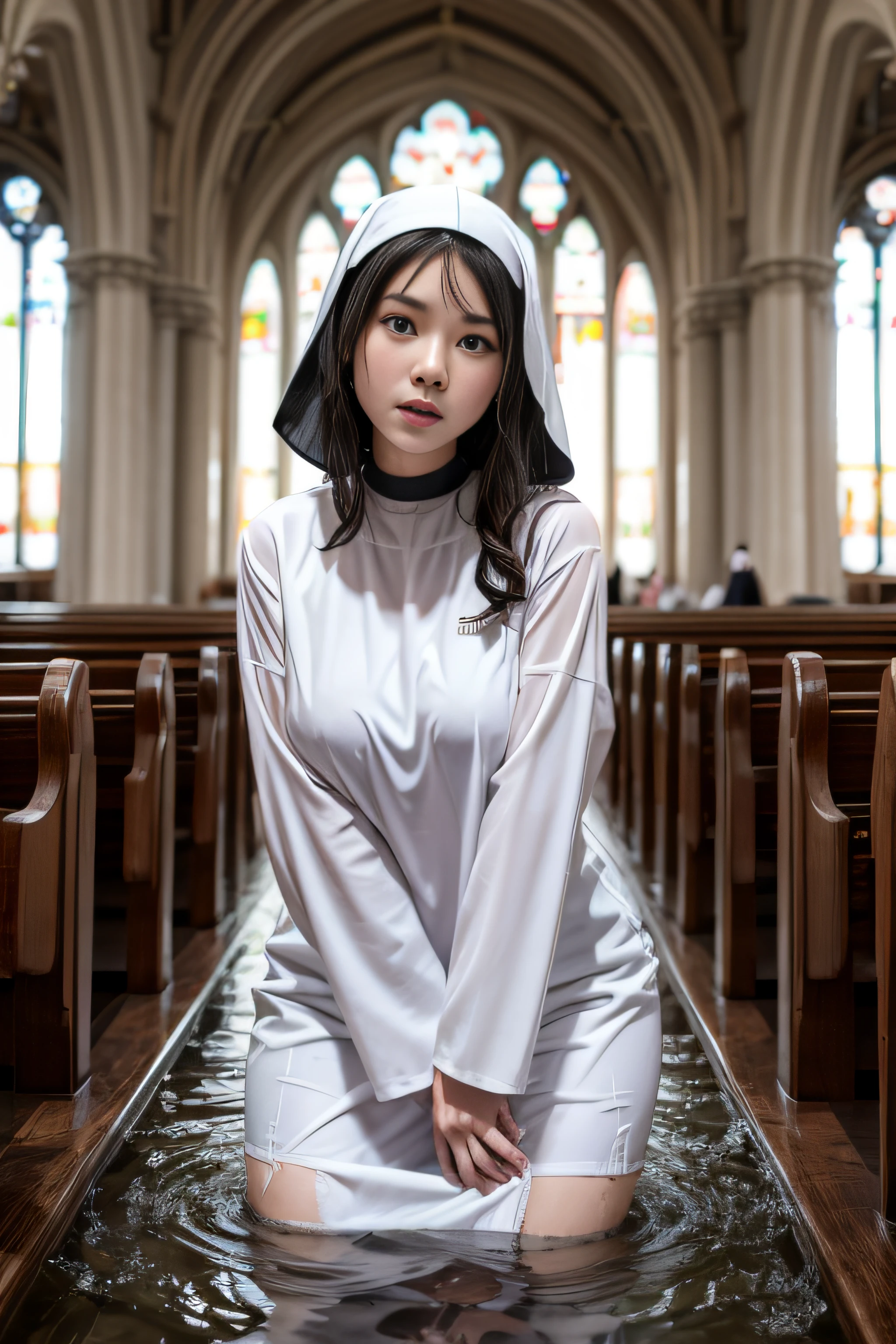 （（（Nuns in the church））），（Clothing that exposes）（Clothes and skin are soaked throughout1.5），（Wet clothes 1.9），Reflective skin，Sweaty skin，high high quality、tmasterpiece、Hyper-Resolution、