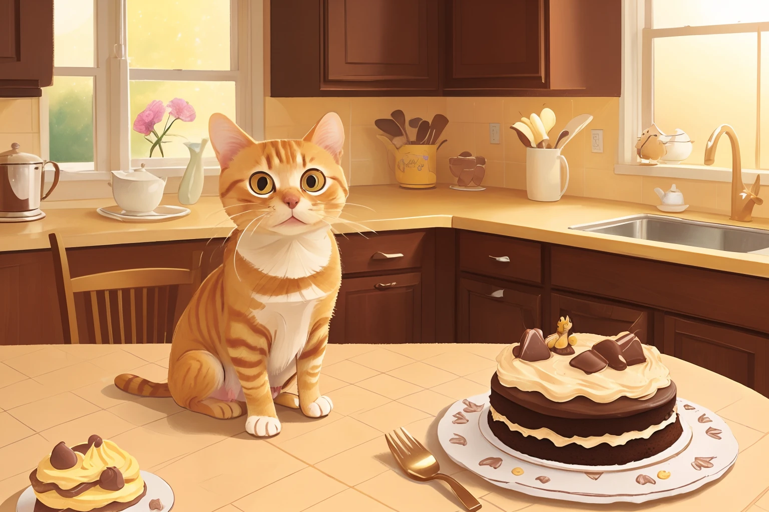 a yellow tabby cat sitting on a kitchen table, looking at and ready to attack a chocolate cake that has come fresh out of the over and is sitting at the center of the kitchen table