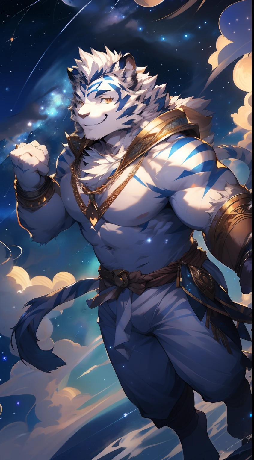 (by null-ghost, by thebigslick, By Darkgem, by Honovy), Kogenta (Onmyoji Oyamaji Temple), high-definition photograph, Perfect anatomy, Anthropomorphic white tiger, male people, 20yr old, Deities, Light blue stripes, Strong body, large pecs, Pink milk clusters, medium bulge, He is suspended in the clouds, Wear white loose pants, Divine brilliance, one arm raised, Unleash magic,(Starry sky at night:1.5), mysterious smile, Be red in the face, Golden pupils, Looking Up The Sky, Gold ornaments, fog atmosphere, Clouds, upper sky, meteor shower, Clear facial features, Strong, Solo, From above