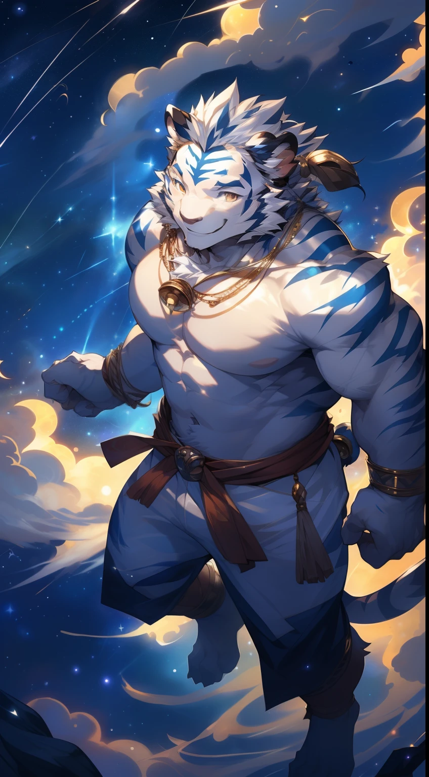 (by null-ghost, by thebigslick, By Darkgem, by Honovy), Kogenta (Onmyoji Oyamaji Temple), high-definition photograph, Perfect anatomy, Anthropomorphic white tiger, male people, 20yr old, Deities, Thick eyebrows, Light blue stripes, Strong body, large pecs, Pink milk clusters, medium bulge, He floats in the starry sky, wearing long white togas, A flowing blue ribbon, Starlight surrounded him, one arm raised, Summon the clouds,(sky at night:1.5), Mysterious Expression, Be red in the face, Golden pupils, Look up at the sky, Clear facial features, Strong, Solo, top views, fog atmosphere, Clouds,upper sky
