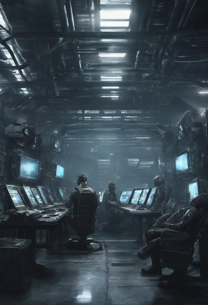 Hyper realistic, intricate details, a group of people in a room with multiple computers and monitors, sci-fi cybernetic implants hq, cybersuits, futuristic cloning facility, cyber skeletons, diverse cybersuits, neon scales and cyborg tech, advanced digital cyberpunk art, muted cyberpunk style, hyper-realistic cyberpunk style, cyberpunk aesthetics, futuristic cyberpunk scenario, cybernetic body, like a cyberpunk workshop