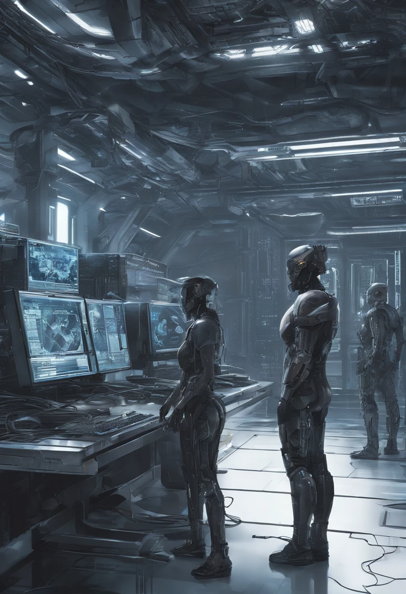 Hyper realistic, intricate details, a group of people in a room with multiple computers and monitors, sci-fi cybernetic implants hq, cybersuits, futuristic cloning facility, cyber skeletons, diverse cybersuits, neon scales and cyborg tech, advanced digital cyberpunk art, muted cyberpunk style, hyper-realistic cyberpunk style, cyberpunk aesthetics, futuristic cyberpunk scenario, cybernetic body, like a cyberpunk workshop