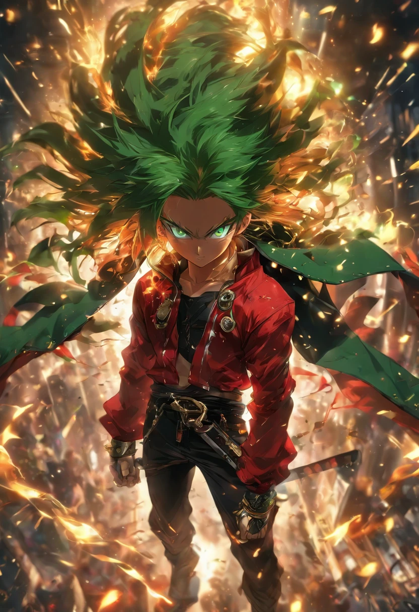 Ultra-HD, dramatic lighting, highly detailed, unreal engine, raytracing, crazy face, 1boy, long red hair, green eyes, red jacket with gold accents, white top with black designs, black pants, red shoes, holding sword,