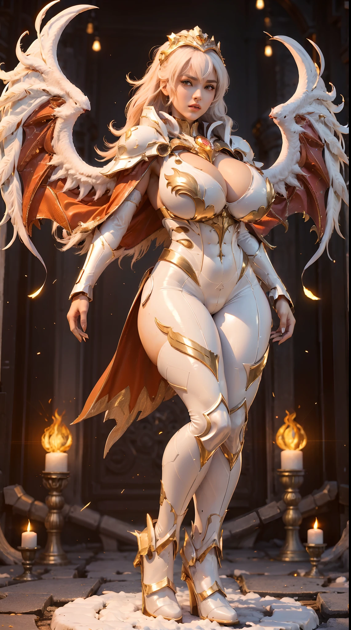 (1GIRL, SOLO:1.7), (DRAGON QUEEN HEAD), (HUGE FAKE BOOBS:1.2), (WHITE, RED, GOLD), (IVE CITY BACKGROUND), (FUTURISTIC ICE PHOENIX MECHA BODYSUIT, ROYAL CAPE:1.3), (CLEAVAGE), (SKINTIGHT YOGA PANTS, HIGH HEELS:1.2), (REALISTIC, PERFECT BODY, FULL BODY VIEW:1.4), (LOOKING AT VIEWER), (posing Standing model:1), SEXY MUSCULAR BODY, MUSCLE ABS, UHD, 8K, 1080P.