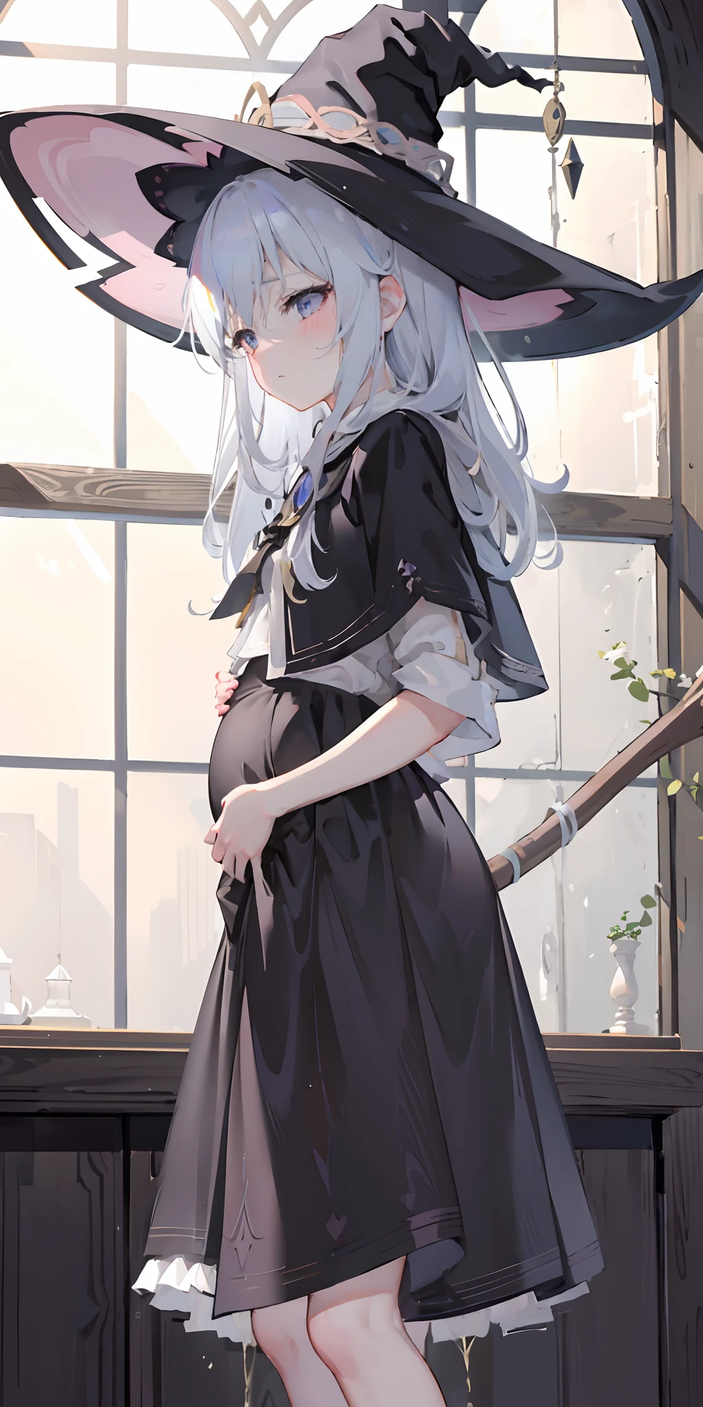 Masterpiece, Elaina,white ash hair, anime girl, white shirt, black skirt, black cloak, pake face, sweating, heavy breath, blushing, Pregnant belly, (best quality:1.2),  portraits, vivid colors, soft lighting, kneel down, (the girl is leaked pee: 1.3), witch hat, flying broom