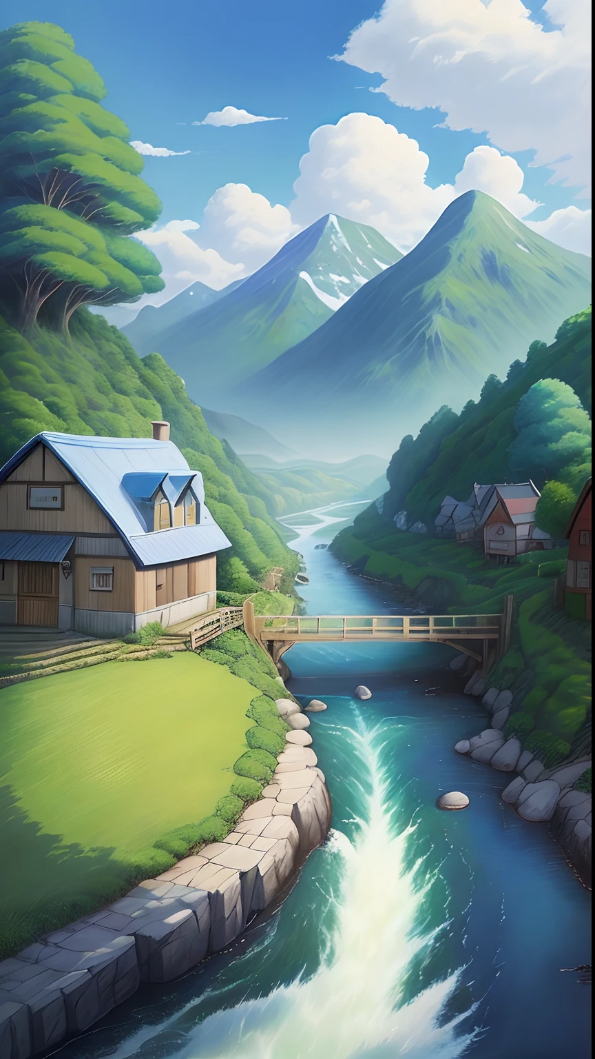 Realistic, authentic, beautiful and amazing landscape oil painting Studio Ghibli Hayao Miyazaki&#39;s petal grassland with blue sky and white clouds ,quaint village nestled at the foot of a majestic mountain, there lived a girl named Lila and a boy named Finn. Their village was separated by a crystal-clear river that flowed gently between them --v6