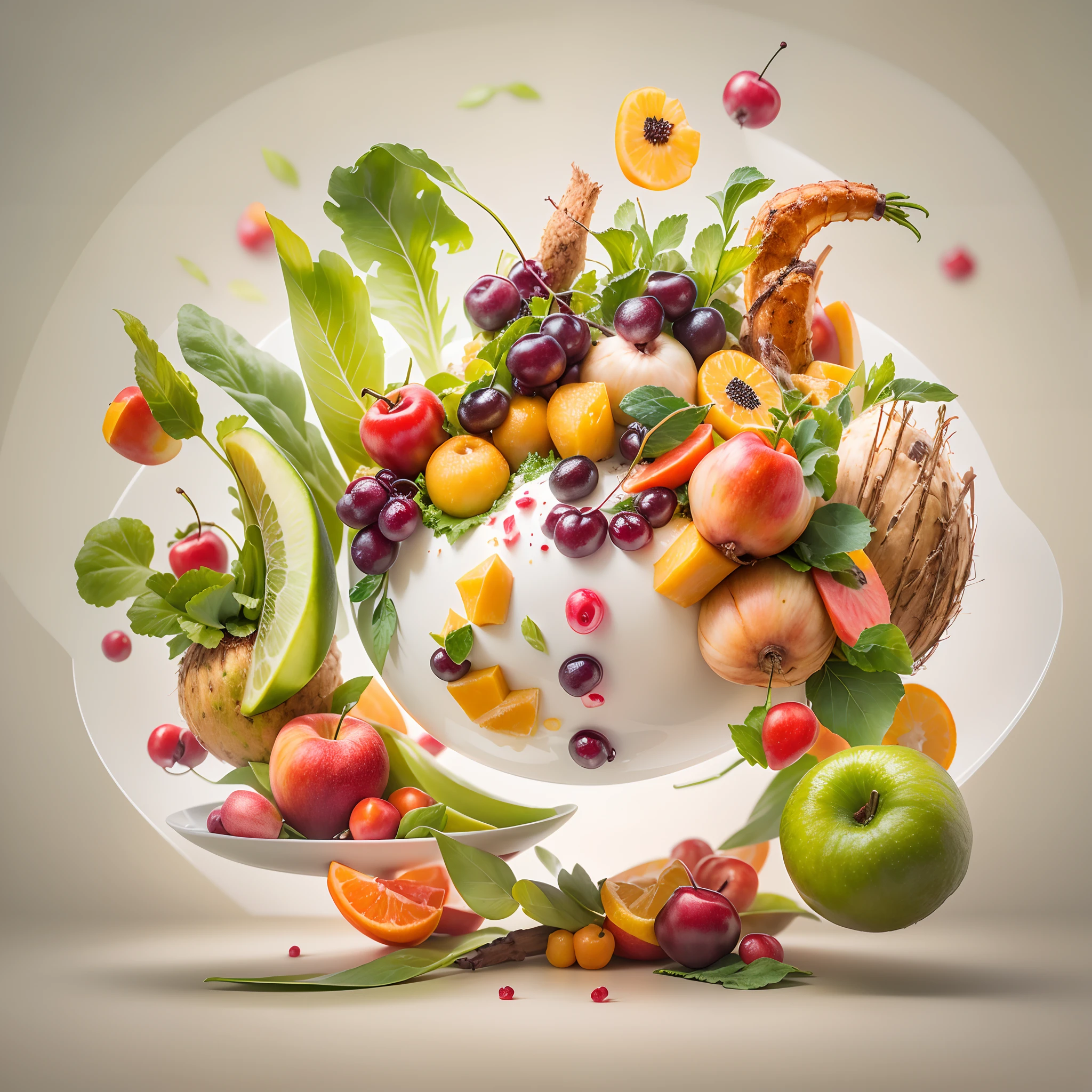 ("Capture dynamic touches of fruits and vegetables with three very mischievous elves in a photo of flying fruits and vegetables" containing apples, grapes, mangoes, kiwis, peaches, red cherries and pieces of pineapple, tomatoes, carrots, chili peppers, lettuce and lots of greens as the main theme Toasted coconut and pomegranate as finishing touches Capturing the dynamic touches of using high speed photography, photorealistic, procreate color grading, 3D rendering, 4k, soft backlighting, hyperrealistic, Create 3 color grading billboards professional Studio lighting, edge lights, layered compositions and shots with an EOS-1D, surrealism, white background, clean background, minimalist, dishes, table, steam, smoke, advertising signs, professional grading, studio lighting, spotlights border, layered compositions, EOS- 1D X Mark III, 500px, Behance, concept art), photography, 3D rendering).