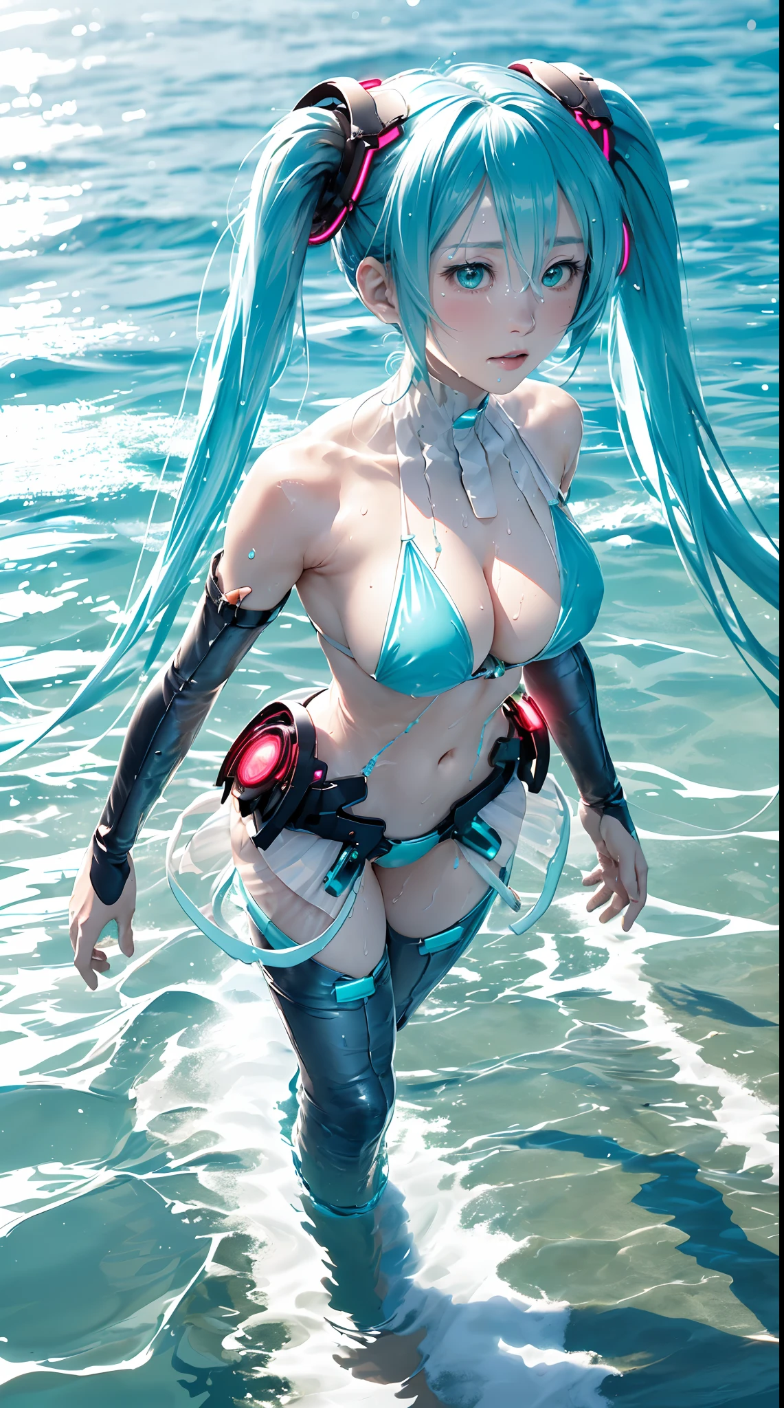 mikuappend,  bridal gauntlets,In the sea, playing with sea water, wet body, close veiw, playing with veiwers, blue string bikini, big boobs, sea water level within the knee, shiny Sun, Bright sky, embarrassed, cute poses