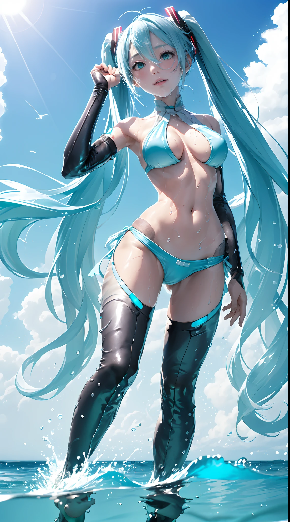 mikuappend,  bridal gauntlets,In the sea, playing with sea water, wet body, close veiw, playing with veiwers, blue string bikini, big boobs, sea water level within the knee, shiny Sun, Bright sky, embarrassed, cute poses