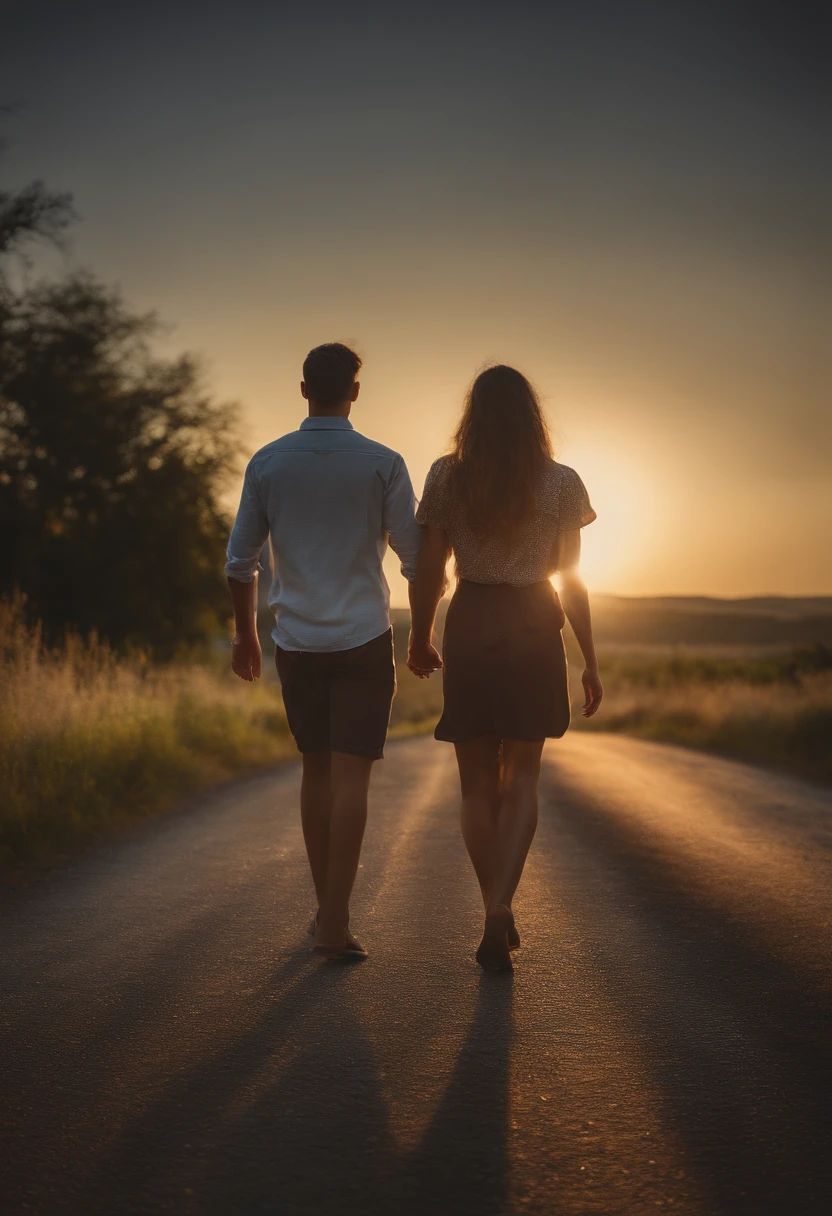 my view holding woman hand, woman turn his back, background a woods