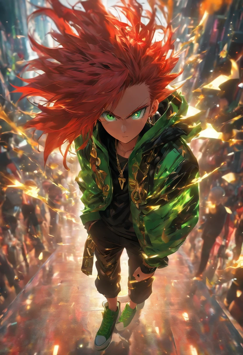 Ultra-HD, dramatic lighting, highly detailed, unreal engine, raytracing, crazy face, 1boy, long red hair, green eyes, red jacket with gold accents, white top with black designs, black pants, red shoes,