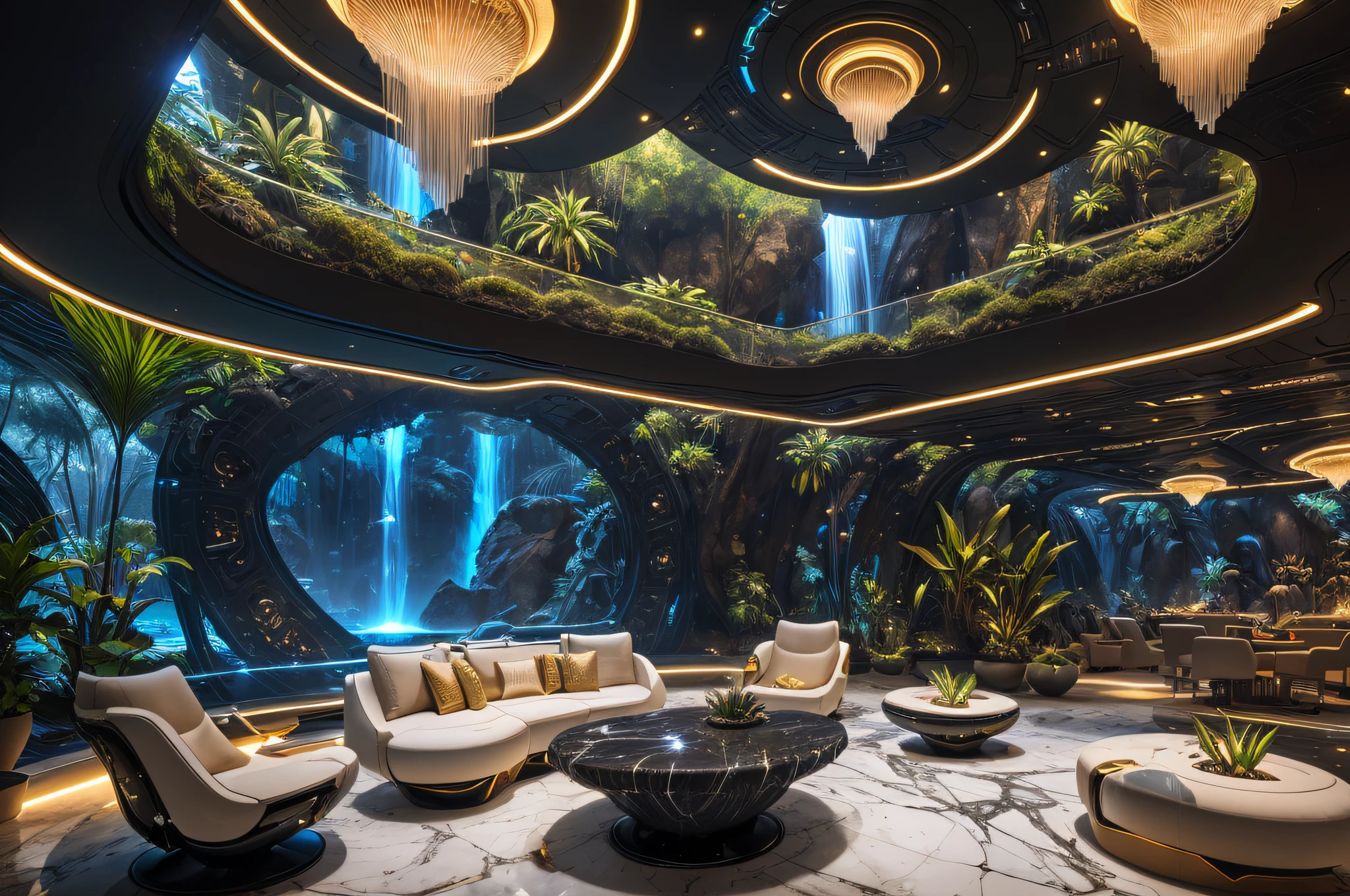 incredible luxurious futuristic interior in Ancient Egyptian style with many ((lush plants)) (lotus flowers), ((palm trees)), rocky walls, (sand), ((waterfalls)) (marble), ((precious minerals)), ((metals)), (gemstones), crystals, clouds and ((water)), ((curvy futuristic furniture)), ((plants made out of gemstones and precious minerals)), crocodiles, (hieroglyphics), (((ultra luxury))), (black marble) – with ((beautiful lights)), Unreal Engine, HQ, 16k