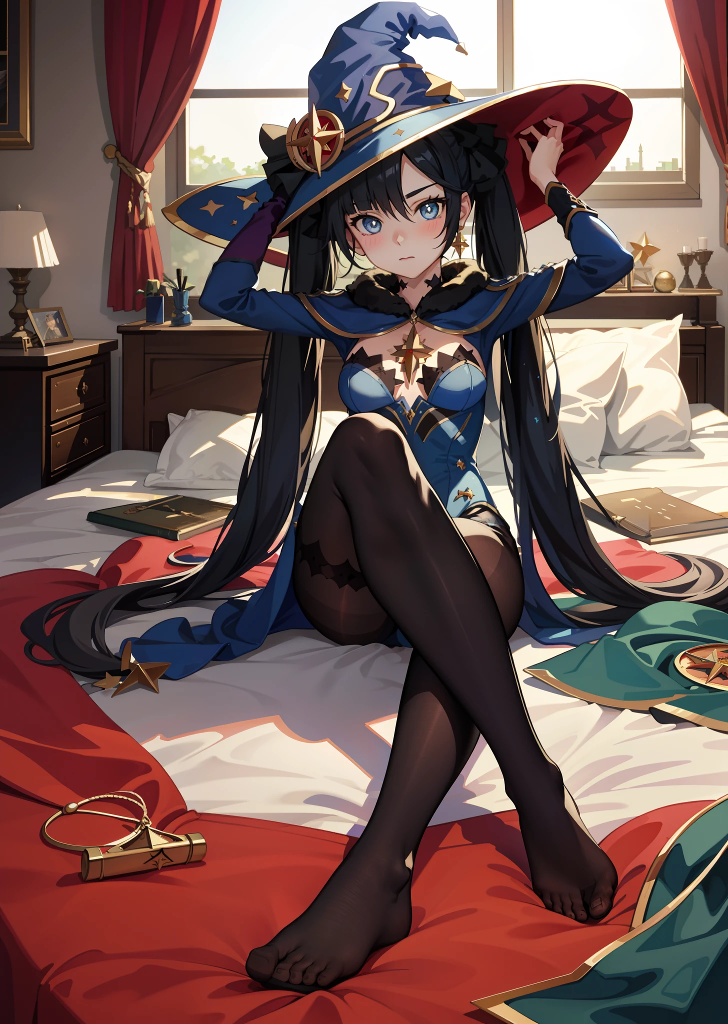 [mona_genshin], ((masterpiece)), ((HD)), ((high quality)), ((beautiful render art)), ((solo portrait)), ((full body)), ((front view)), ((cinematic lighting)), ((anime)), ((detailed shading)), ((intricate details)), {(slim body), (cute surprised light blue eyes), short eyelashes, long indigo hair, (twintails), (beautiful defined legs), (beautiful feet), (blushing), (expressionless)}, {(blue leotard), (witch hat), (opaque pantyhose), (no shoes)}, {(on bed), (laying on back), (head on pillow), (arms above head), (looking at viewer)}, [Background; (bedroom), (bookshelves), (window), (starry sky), (galaxy)]