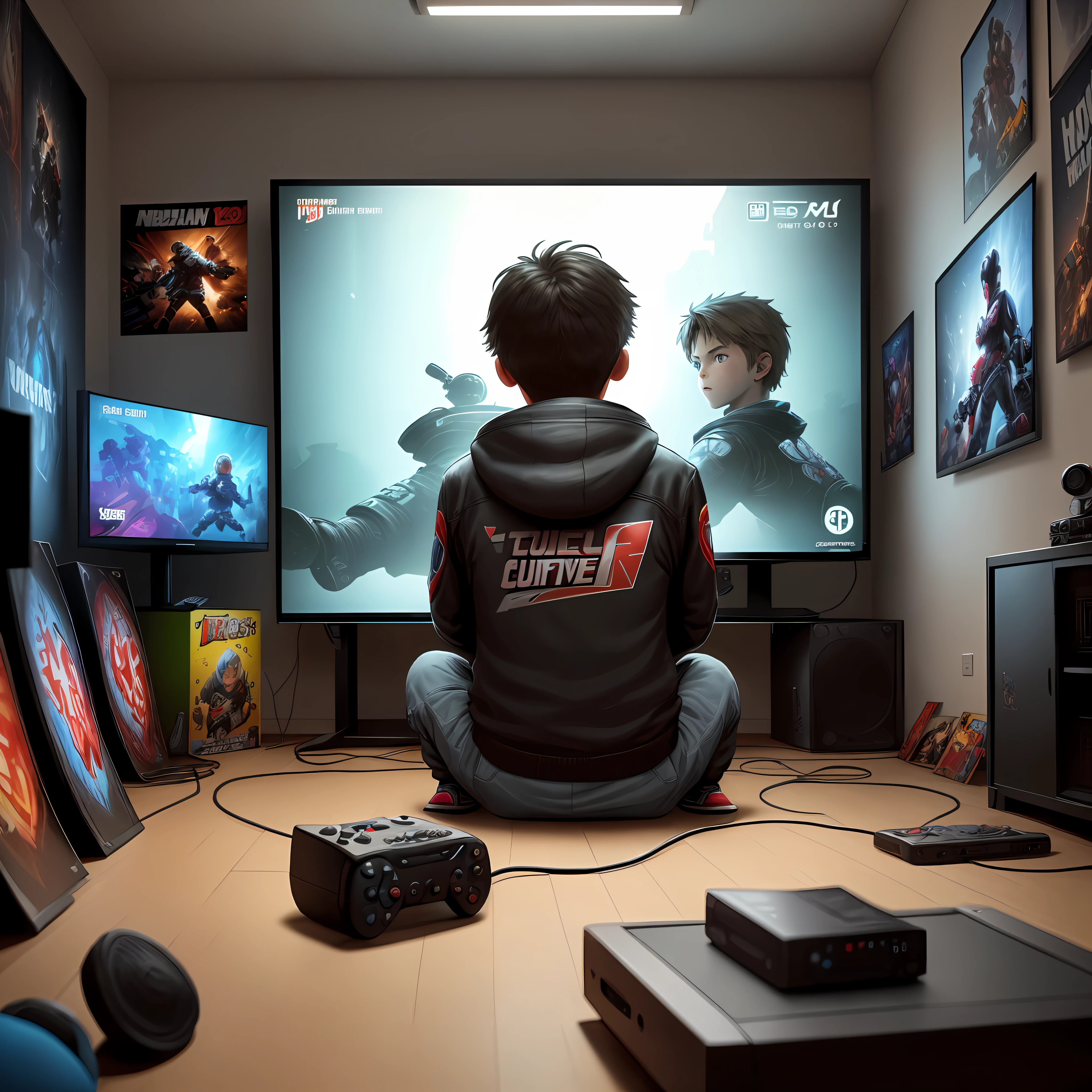 a young boy, sitting in front of the TV, video game controller in hand, playing video game, TV screen showing game, posters of games and rock bands on the walls, comic books scattered on the floor, third-person view from behind, comic book style