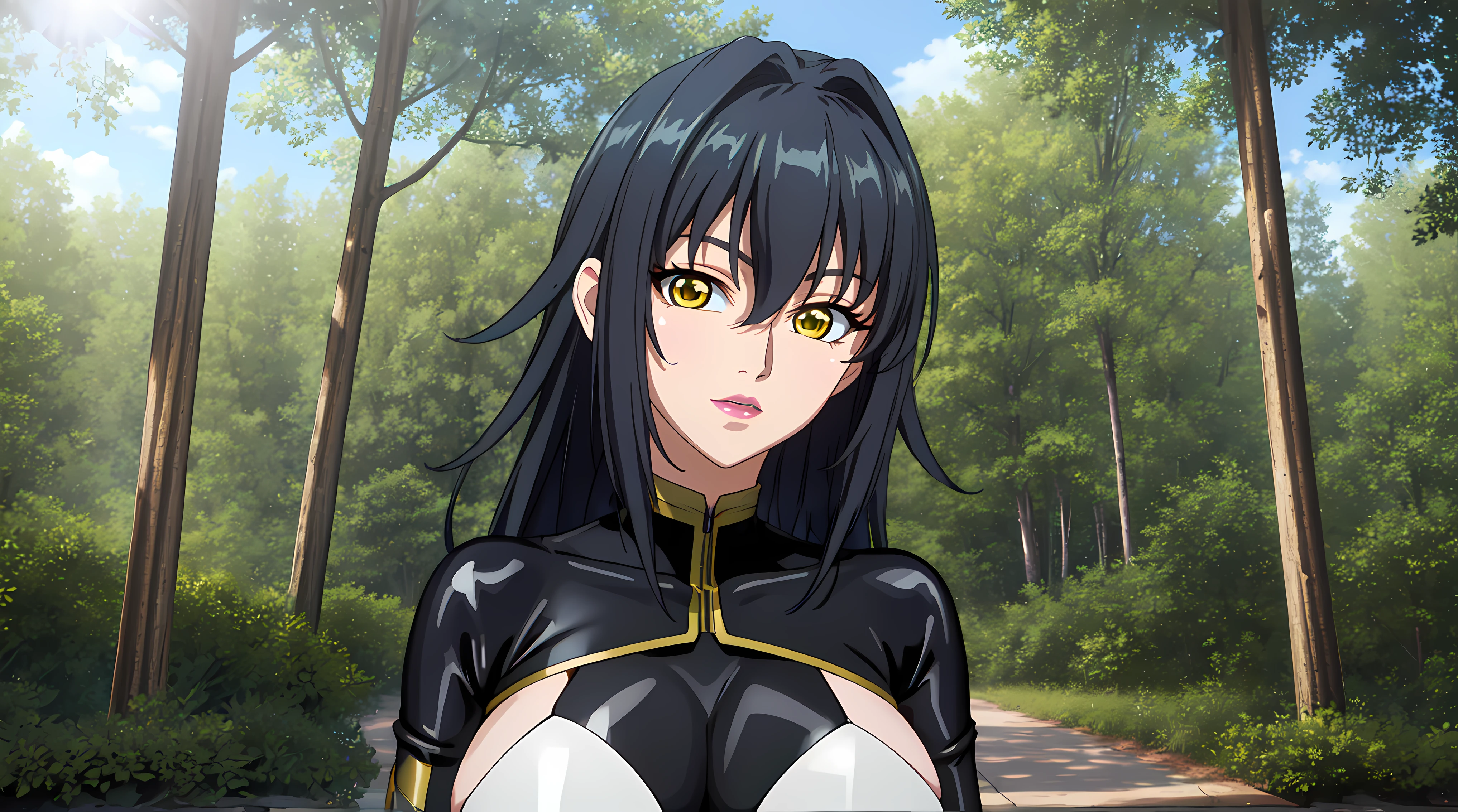 walking in forest at day background, trees, forest, (((happy face, looking at viewer, smile))), (solo:1.5),
Annerose, close up shot,
bodysuit latex, sideboobs, black outfit, front view,
black_hair,yellow_eyes, long_hair, hair intakes,
1 girl, 35 years old,mature female,Beautiful Finger,Beautiful long legs,Beautiful body,Beautiful Nose,Beautiful character design, perfect eyes, perfect face, slim body,
standing at attention, (big_yellow_eyes:1.0),
NSFW,official art,extremely detailed CG 8k wallpaper, perfect lighting,Colorful, Bright_Front_face_Lighting,
(masterpiece:1.0),(best_quality:1.0), ultra high res,4K,ultra-detailed,
photography, 8K, HDR, highres, absurdres:1.2, Kodak portra 400, film grain, blurry background, bokeh:1.2, lens flare, (vibrant_color:1.2)
(Beautiful,large_Breasts:1.4), (beautiful_face:1.5),(narrow_waist),