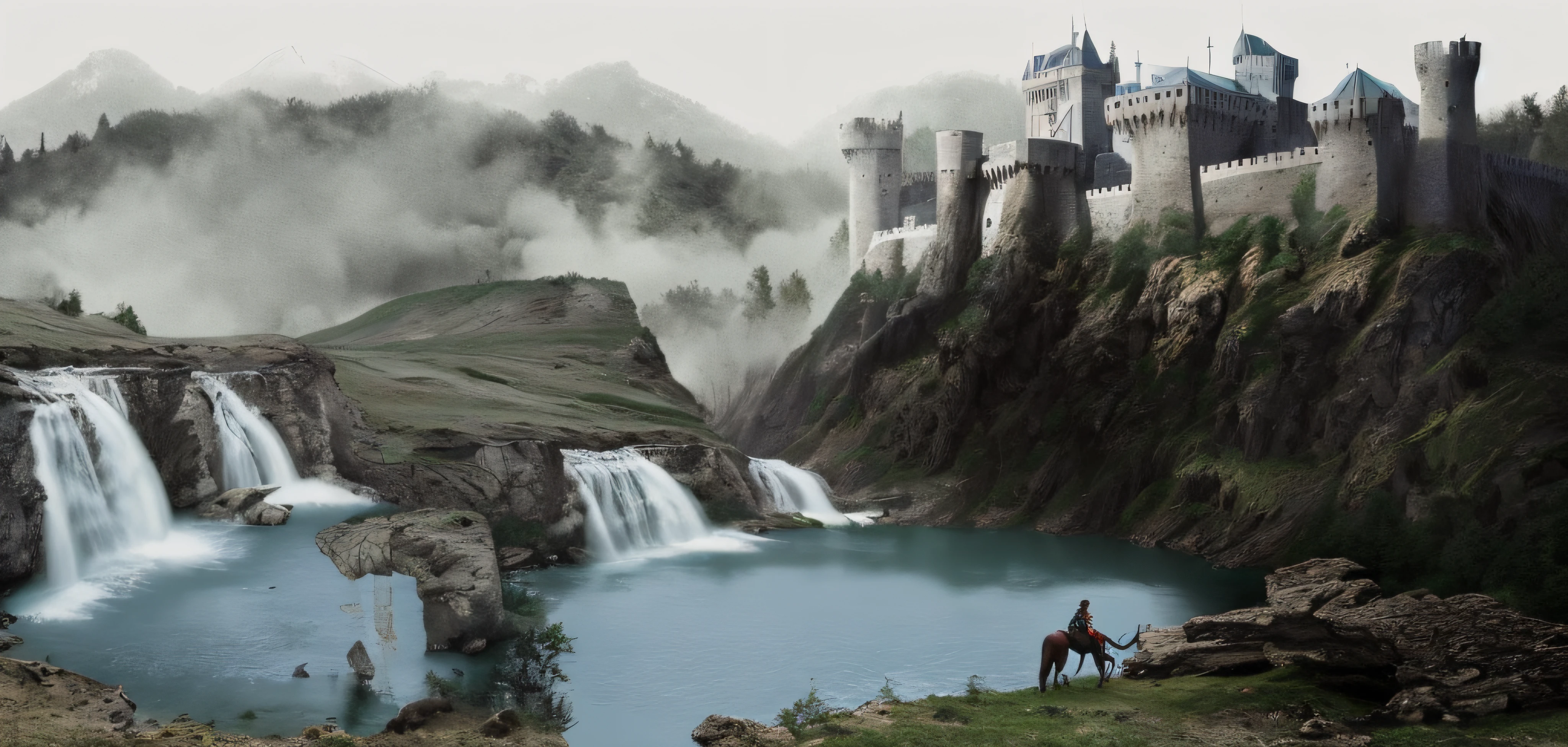 Medieval knight on horseback, Castle, waterfallr, lake, mont, foggy