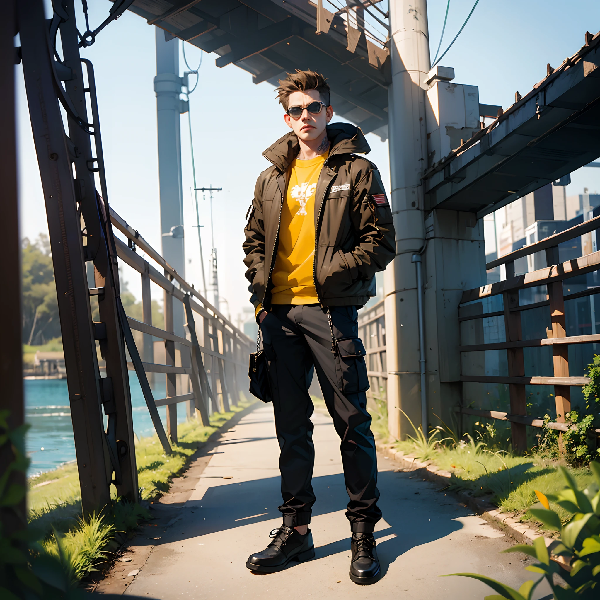 Handsome boy, fade haircut, brown hair, bumber jacket, cargo pants, neck tattoo, sunglasses, angry face, in the bridge, full body, 8k ultra, Masterpiece