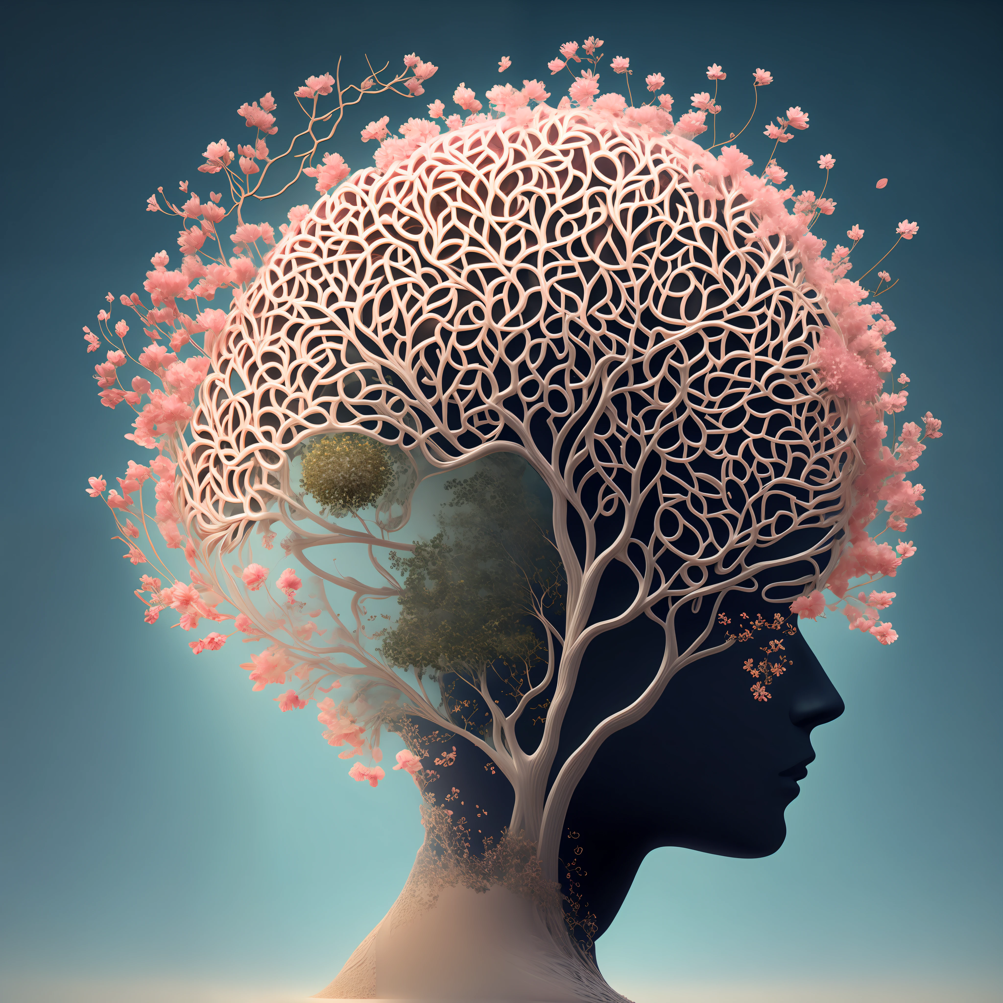 Logo,Tree of life blooming inside the brain, portrait centered, minimalist, matte painting of the human mind, digital conceptual art illustration, a beautiful art illustration, stunning digital illustration, 8K surrealism, digital illustration of conceptual art, low detailing. digital painting, highly detailed 4k digital art, surreal concept art, mind-blowing digital art, digital art rendering