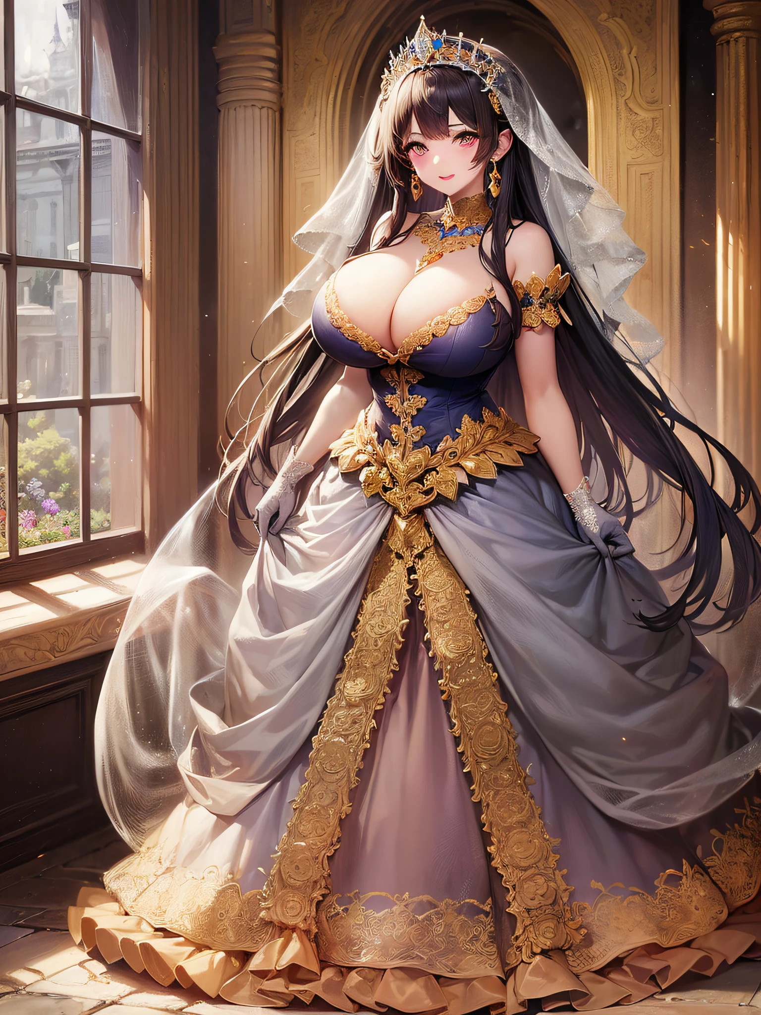 ((anime artstyle)),(Masterpiece),(Best Quality), (Super Detail),(Highly Detailed CG Unity 8k wallpaper),((Very Delicate and Beautiful)),cinematic lighting,1 girl,((full body portrait)),((standing in garden)),((solo)),(((1 fairytale princess in gorgeous embroidery and jeweled extremely gorgeous rococo princess ballgown with voluminous full length hoop skirt))),an hourglass waist,padded and corseted bodice,(((huge crinoline hoopskirt))),long train,((gorgeous embroidery and jeweled)),voluminous frills,See-through,(((extremely gigantic tits,skindentation))),cleavage,((absurdly Long Straight Hair,extremely voluminous Straight long Hair,absurdly Long Straight Hair)),(finely detailed face and eyes),(Blush,Smile),clear pupil,extremely gorgeousfull hair ornament,(bling-bling jeweled extremely gorgeousfull tiara),((bling-bling gorgeous gemstone jewelry)),gorgeous long veil,((ultra long gloves)),(beautiful background),(full body),((gorgeous embroidery and jeweled extremely gorgeous rococo princess ballgown with voluminous full length hoop skirt))