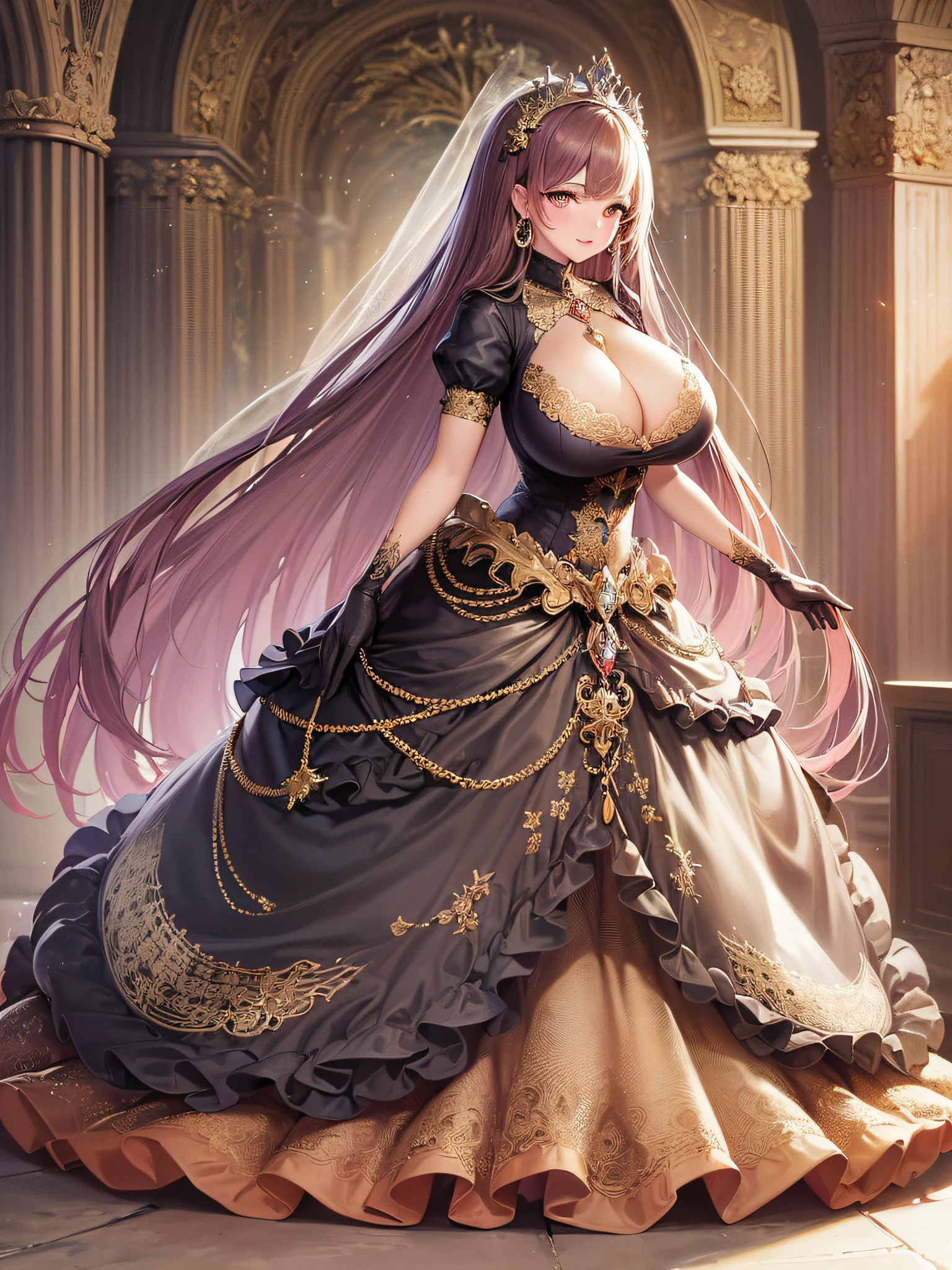 ((anime artstyle)),(Masterpiece),(Best Quality), (Super Detail),(Highly Detailed CG Unity 8k wallpaper),((Very Delicate and Beautiful)),cinematic lighting,1 girl,((full body portrait)),((standing in garden)),((solo)),(((1 fairytale princess in gorgeous embroidery and jeweled extremely gorgeous rococo princess ballgown with voluminous full length hoop skirt))),an hourglass waist,padded and corseted bodice,(((huge crinoline hoopskirt))),long train,((gorgeous embroidery and jeweled)),voluminous frills,See-through,(((extremely gigantic tits,skindentation))),cleavage,((absurdly Long Straight Hair,extremely voluminous Straight long Hair,absurdly Long Straight Hair)),(finely detailed face and eyes),(Blush,Smile),clear pupil,extremely gorgeousfull hair ornament,(bling-bling jeweled extremely gorgeousfull tiara),((bling-bling gorgeous gemstone jewelry)),gorgeous long veil,((ultra long gloves)),(beautiful background),(full body),((gorgeous embroidery and jeweled extremely gorgeous rococo princess ballgown with voluminous full length hoop skirt))