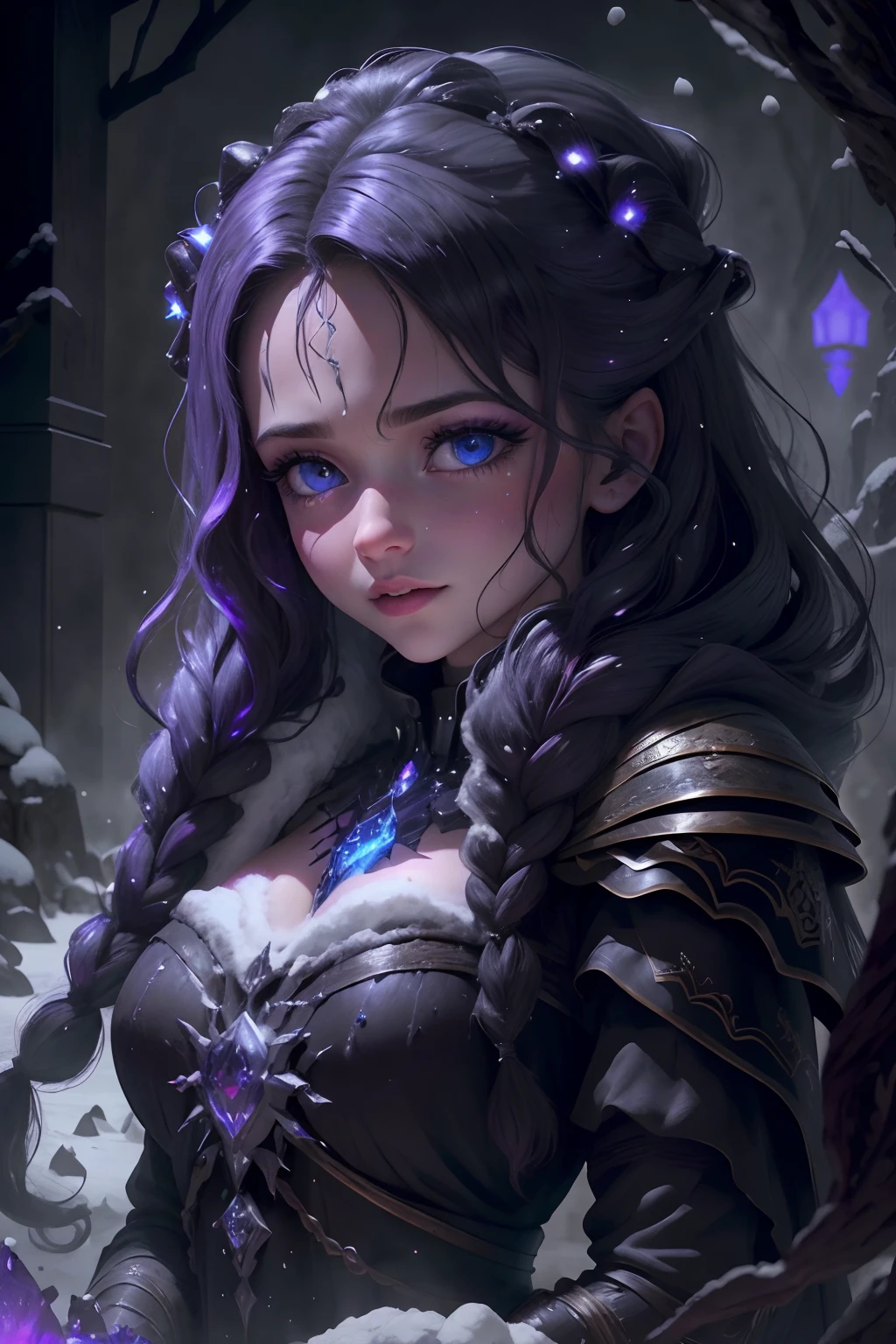Elza's face Dark version of the character, idade 25 anos cabelo preto com "MECHAS vermelhas nas pontas " destaques "plaits", Olhos vermelhos (obra prima) vestido preto de seda com rendas e decote suave e desenho de borboleta no vestido, She's in the dark place of the snow e I'm "(grande poder congelante ao seu redor)" (imagem 8k foto realidade