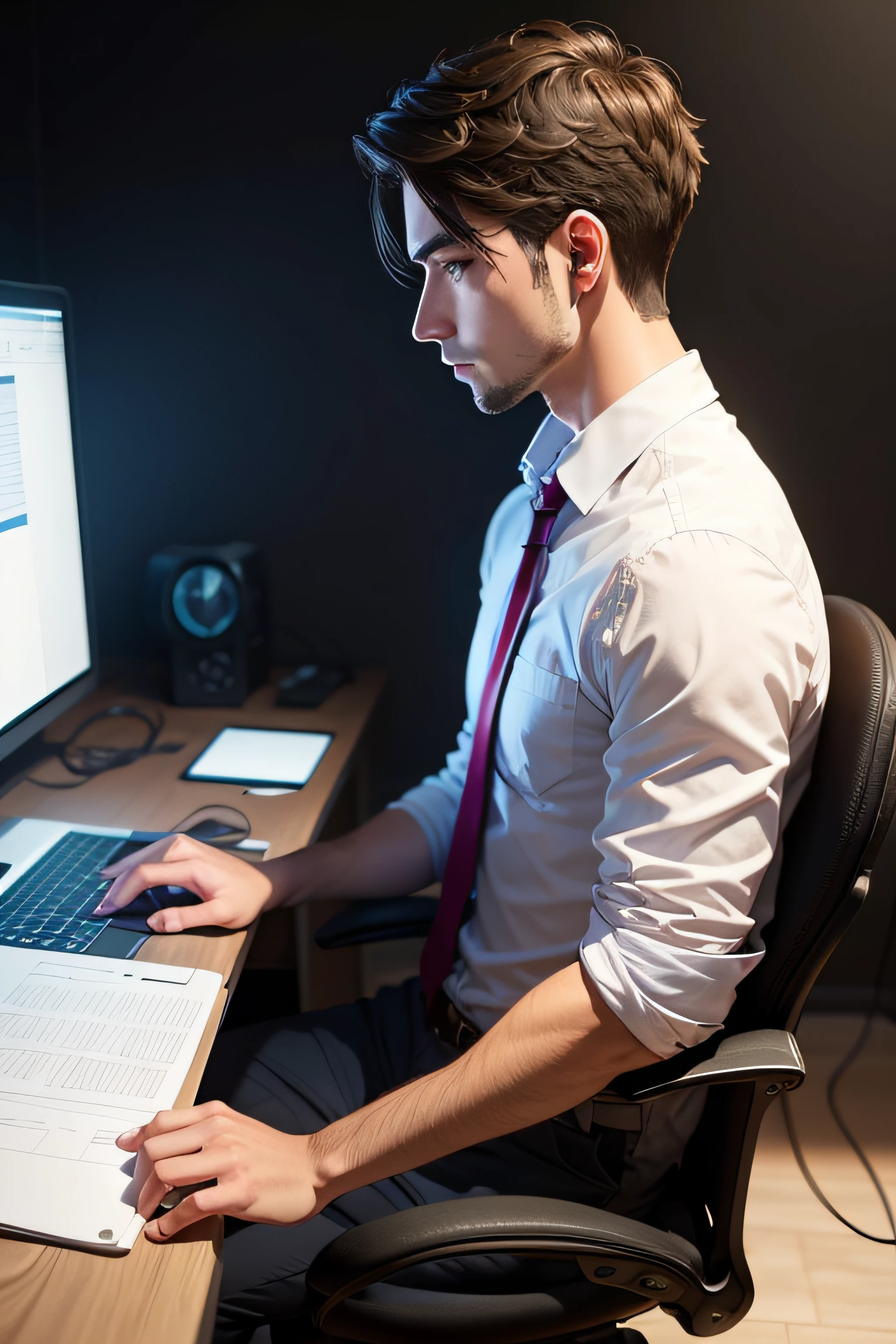 Very realistic image of a man working on his pc in his room at night