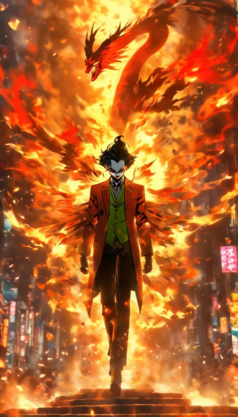 China-style，中景 the scene is，The joker stood in front of the huge firebird with outstretched wings，massive wings，Stretch out your hands，long messy hair，efeitos de brilho，hyper-realistic，Ultra foto realsisim，Estilo de tinta chinesa，fogoso，vermelho，Mancha，tinta，8k，super-fino，alta qulidade，（（（Renderizador OC）））
